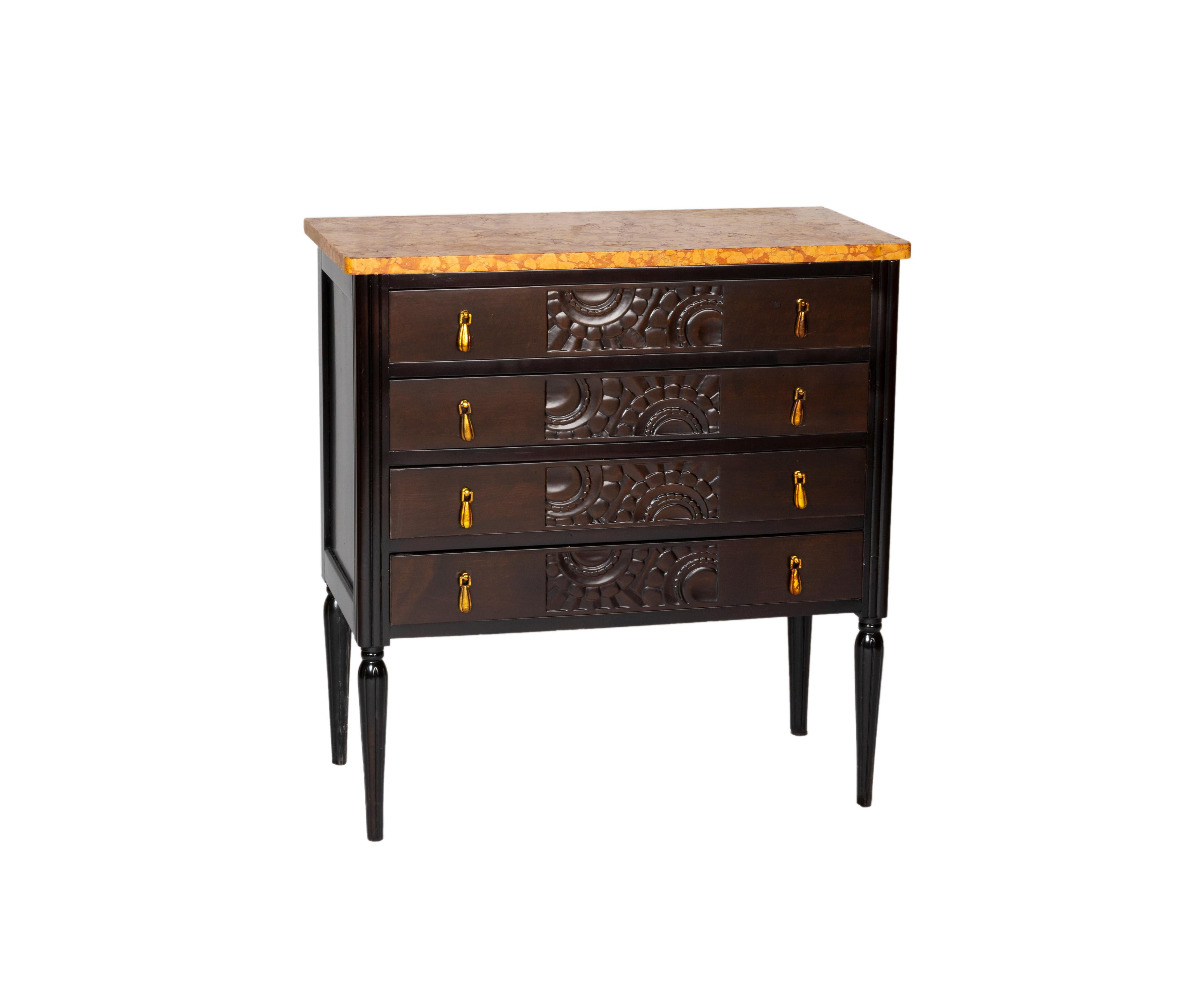 Extraordinary lacquered style commode with four long drawers with golden pendant hardware. 
An elegant piece with a unique orange Numidian Sanguine marble top, quarried from Algiers. 
A great dining, living or bedroom support piece.
