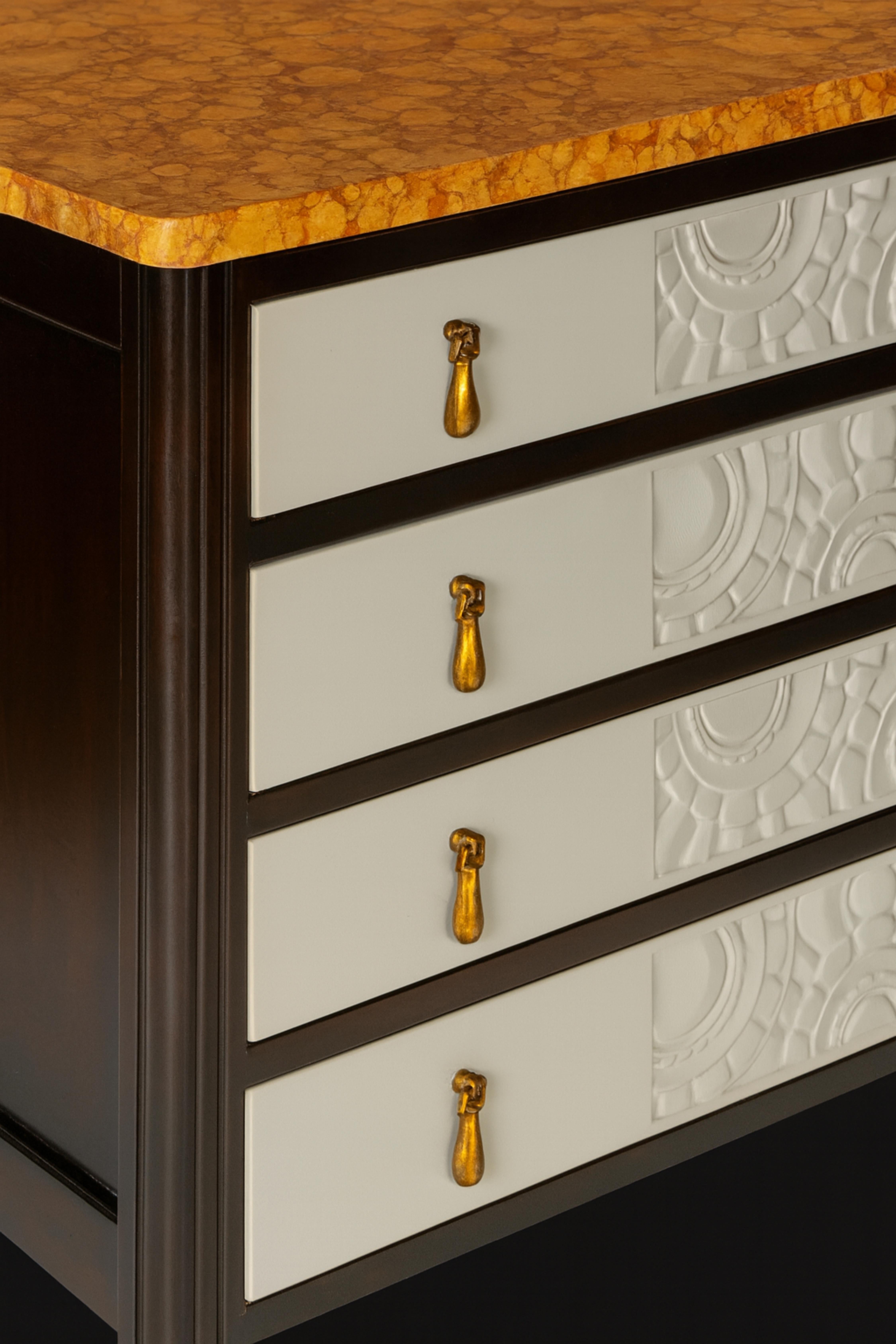 Portuguese Art Deco Orange Marble, Off White Chocolate Brown Commode, 20th Century For Sale