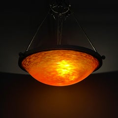 Lampada da soffitto in ferro battuto Art Deco arancione Pate De Verre di Schneider, anni '30