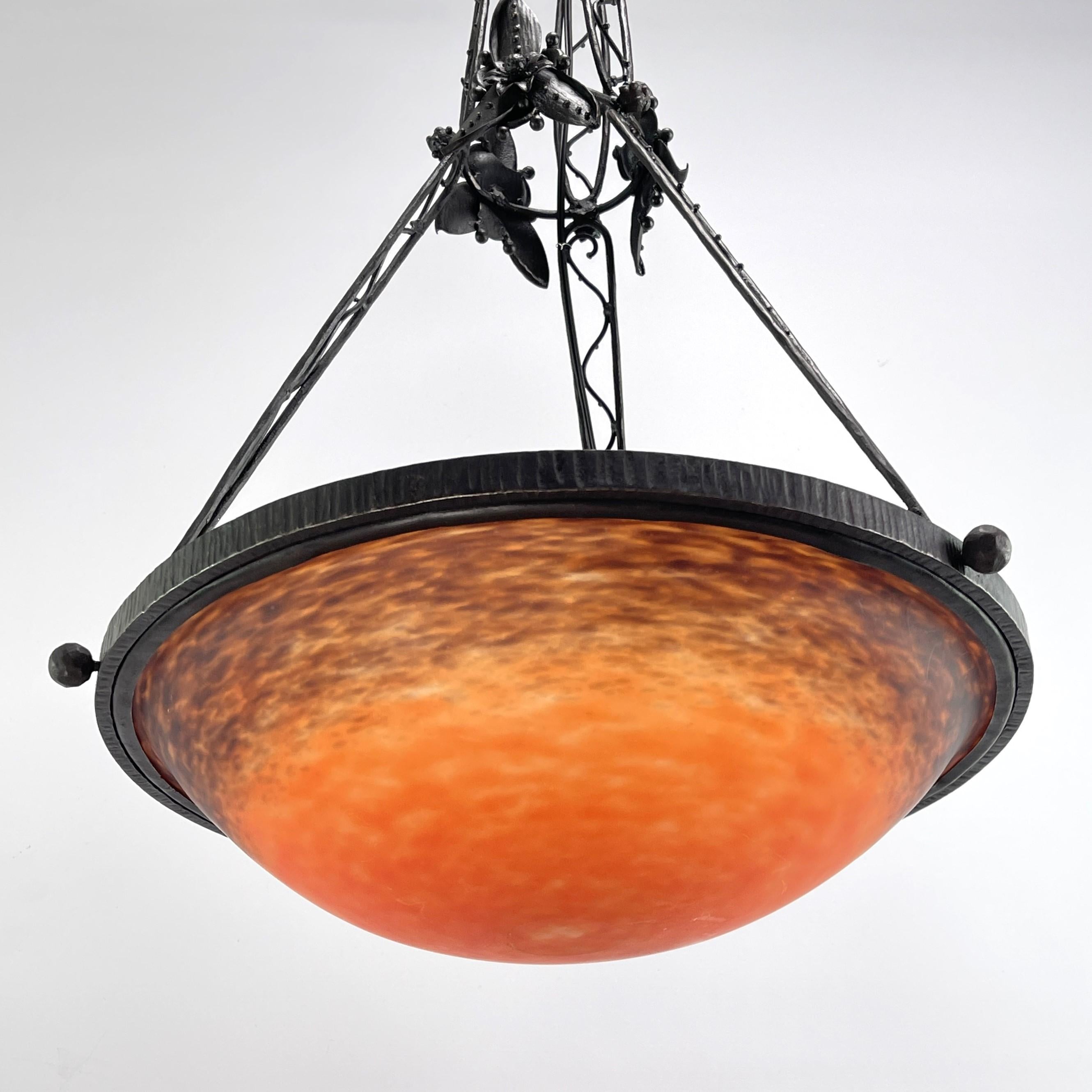French Art Deco orange Pate De Verre wrought iron Ceiling Lamp by Schneider, 1930s