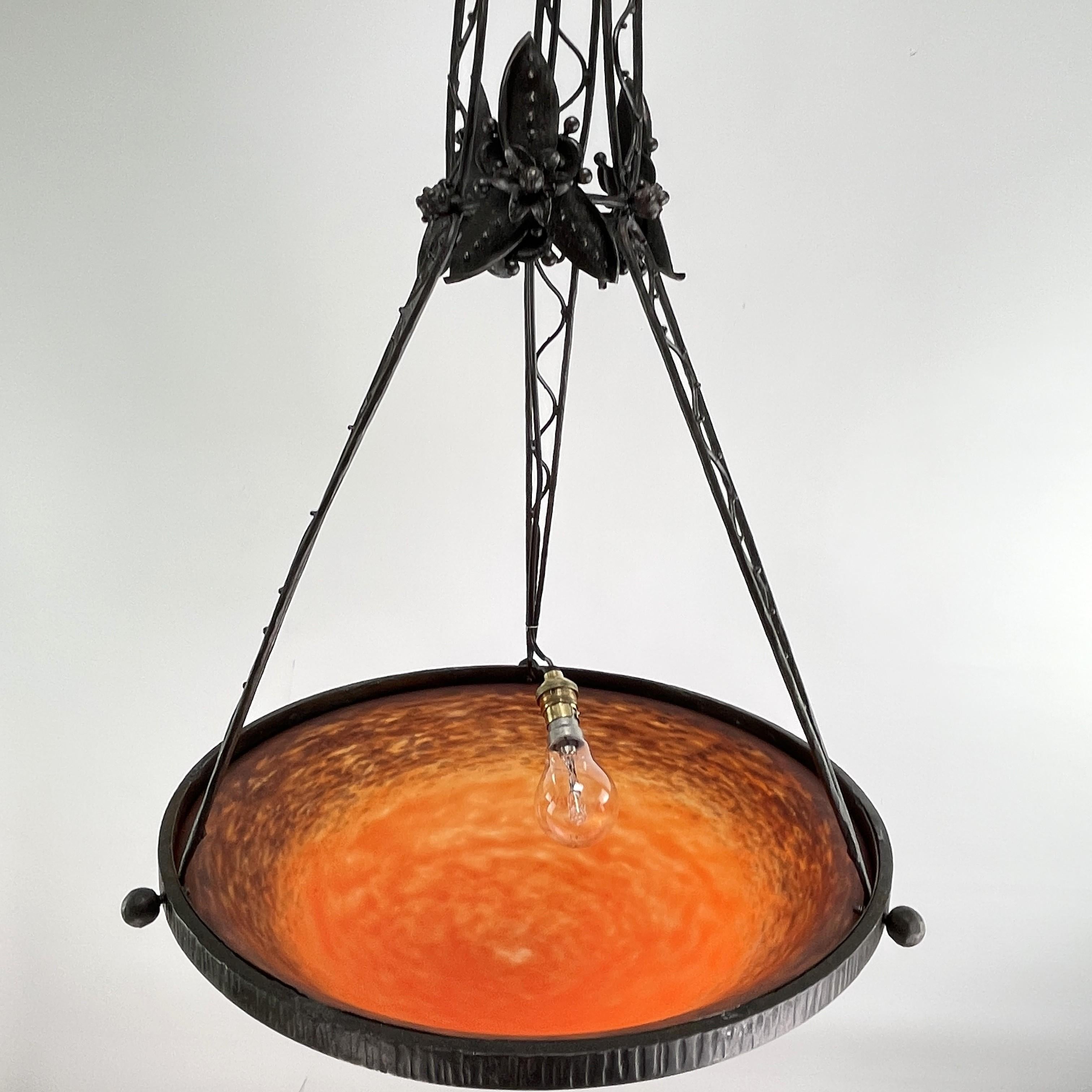 Art Deco orange Pate De Verre wrought iron Ceiling Lamp by Schneider, 1930s 3