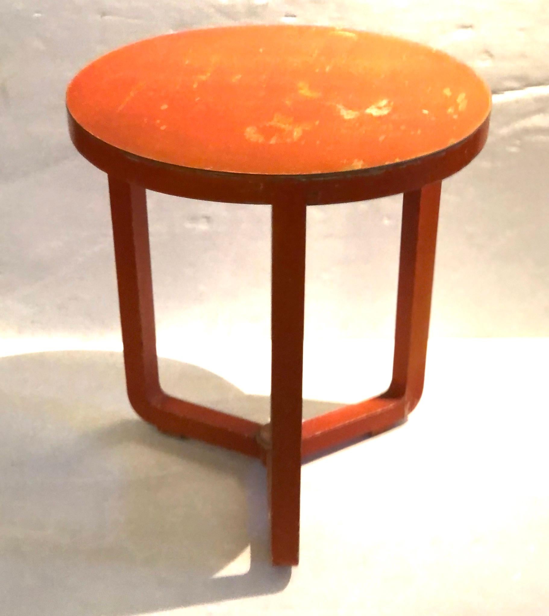 Art Deco Orange Patina Small Round Dutch Cocktail Table In Distressed Condition In San Diego, CA