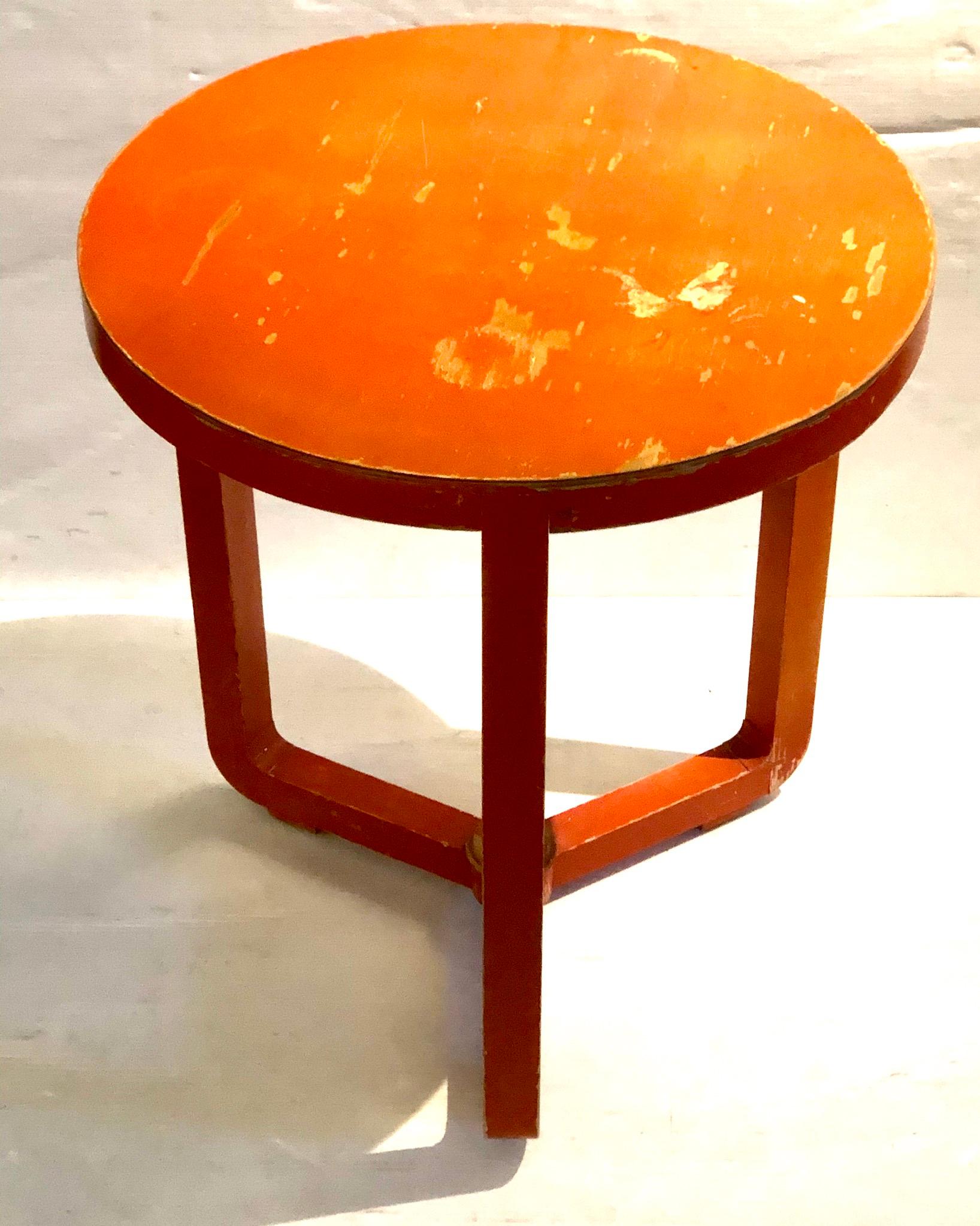 Wood Art Deco Orange Patina Small Round Dutch Cocktail Table