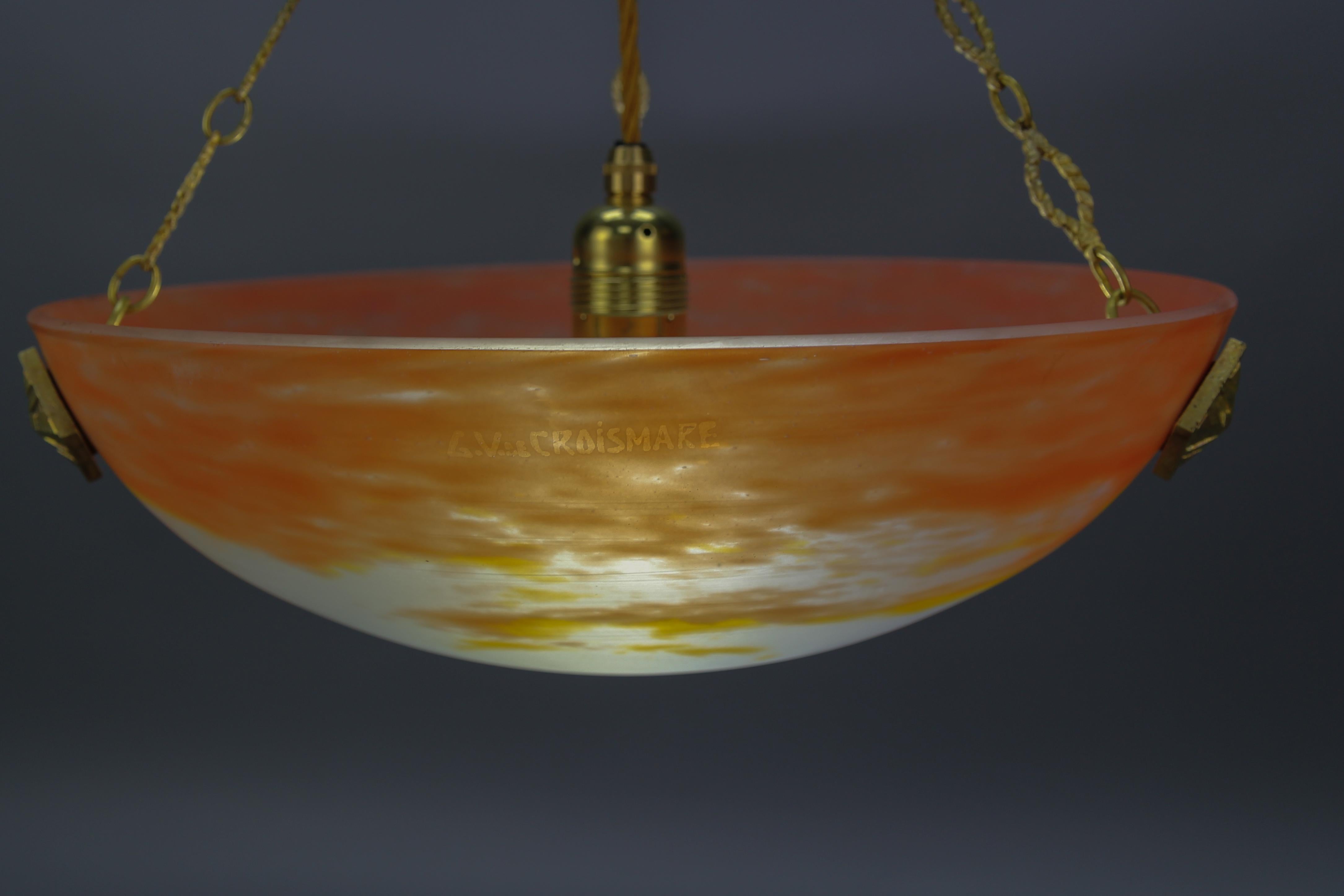 Art Deco Orange Pendant Light by G.V. de Croismare, Muller Frères, France, 1920s For Sale 9