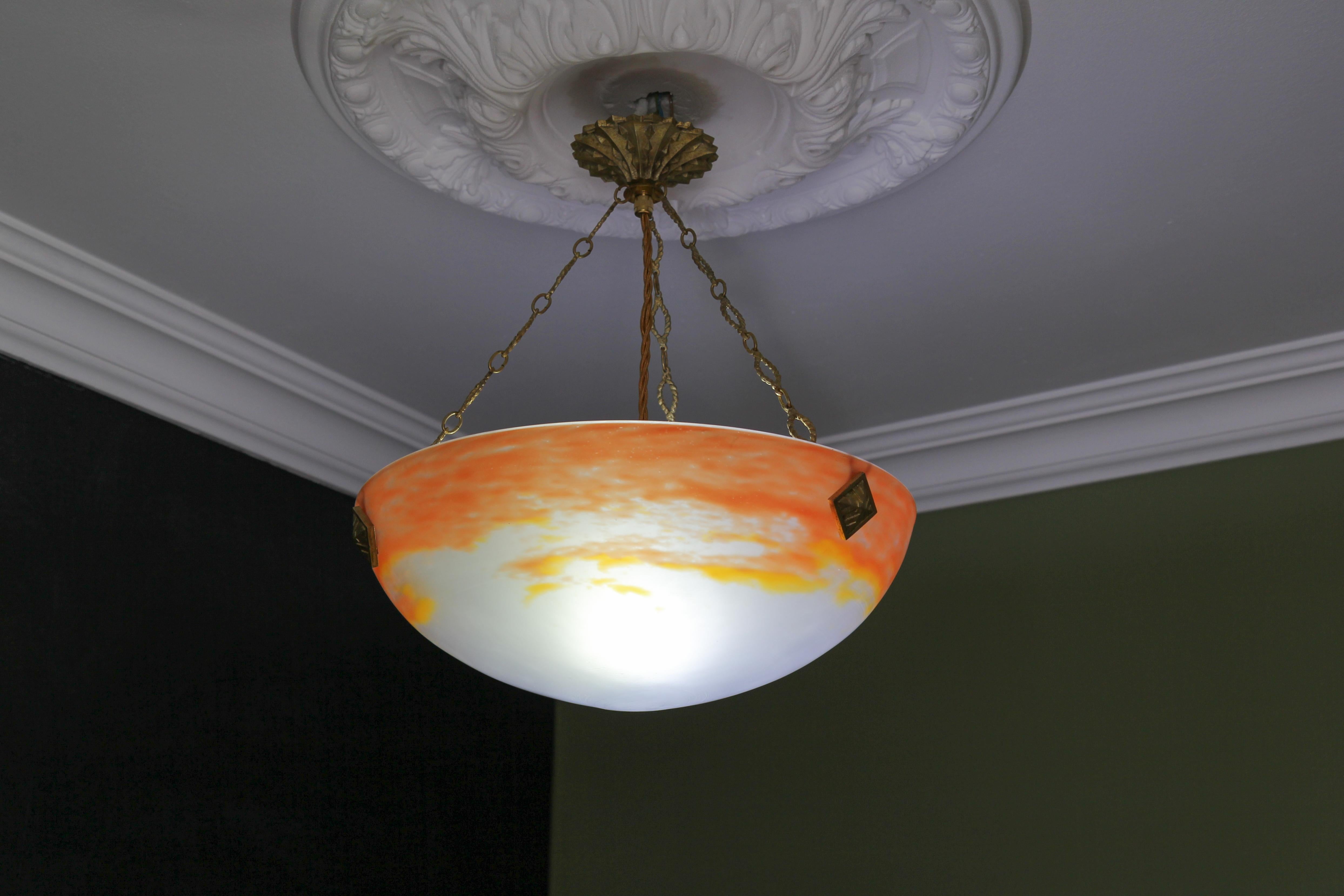 Art Deco Orange Pendant Light by G.V. de Croismare, Muller Frères, France, 1920s In Good Condition For Sale In Barntrup, DE