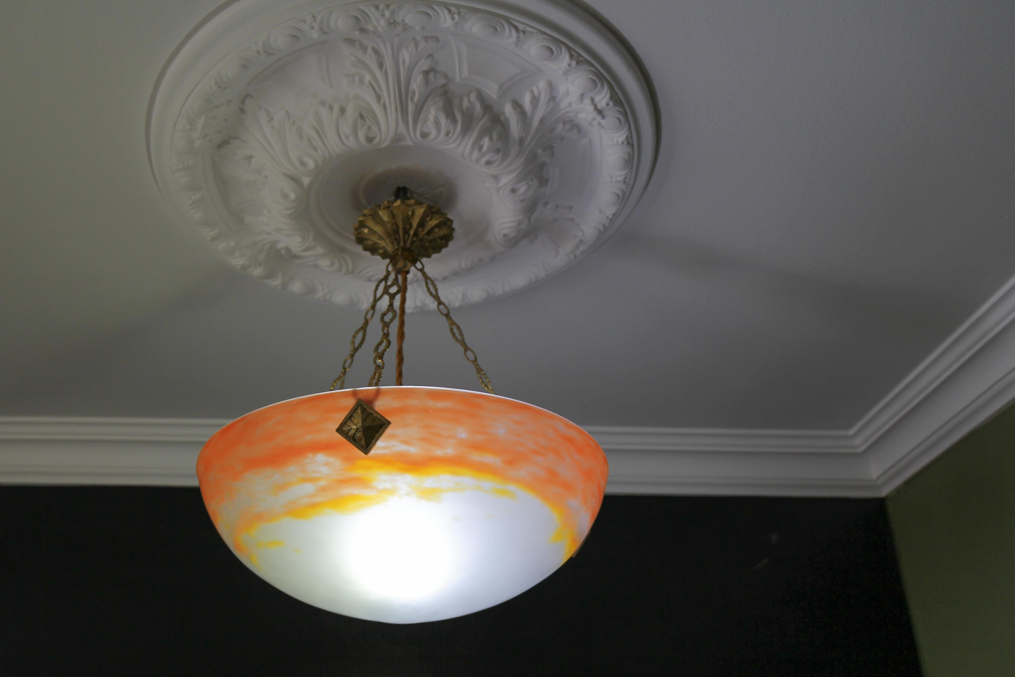 Early 20th Century Art Deco Orange Pendant Light by G.V. de Croismare, Muller Frères, France, 1920s For Sale