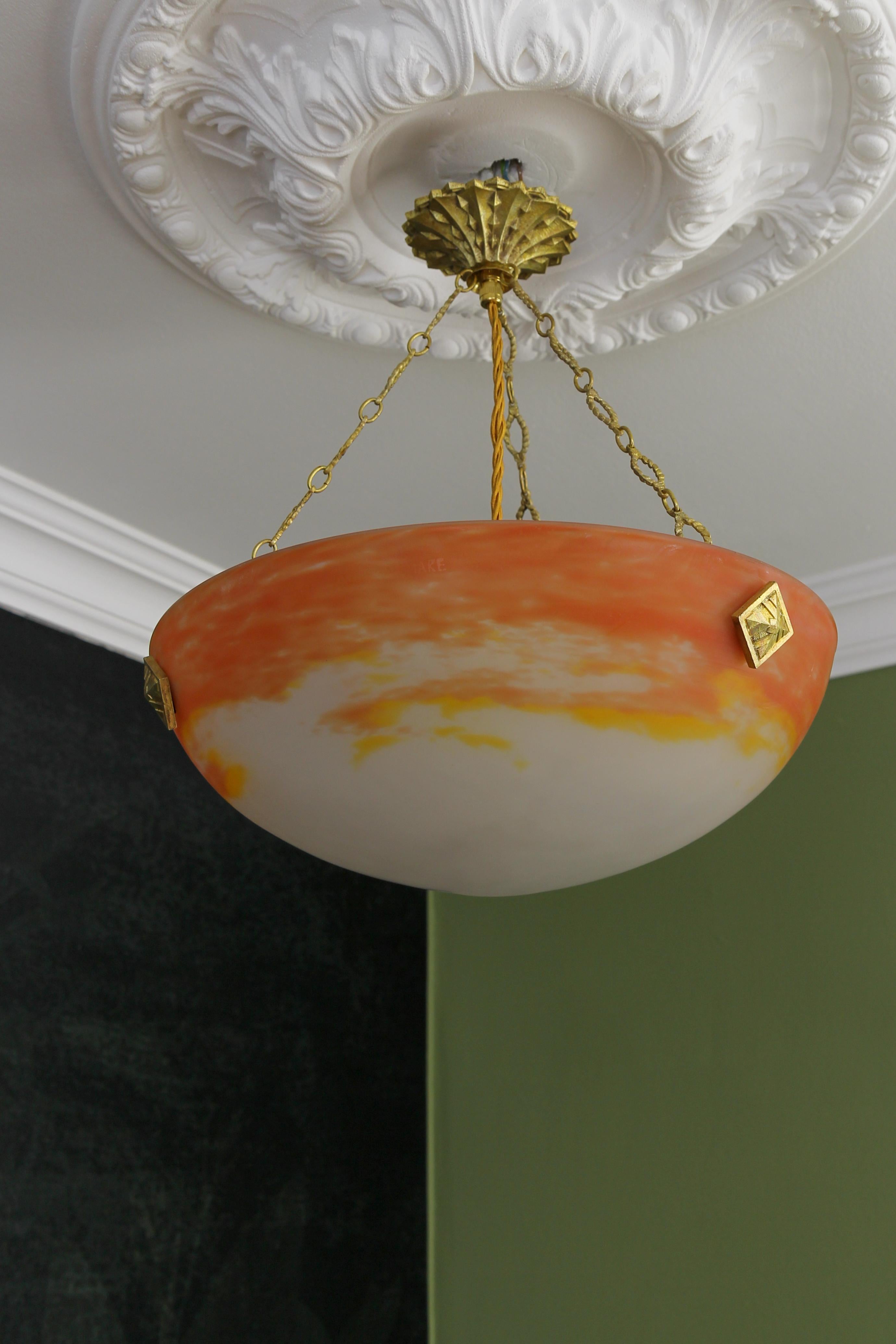 Art Deco Orange Pendant Light by G.V. de Croismare, Muller Frères, France, 1920s For Sale 2