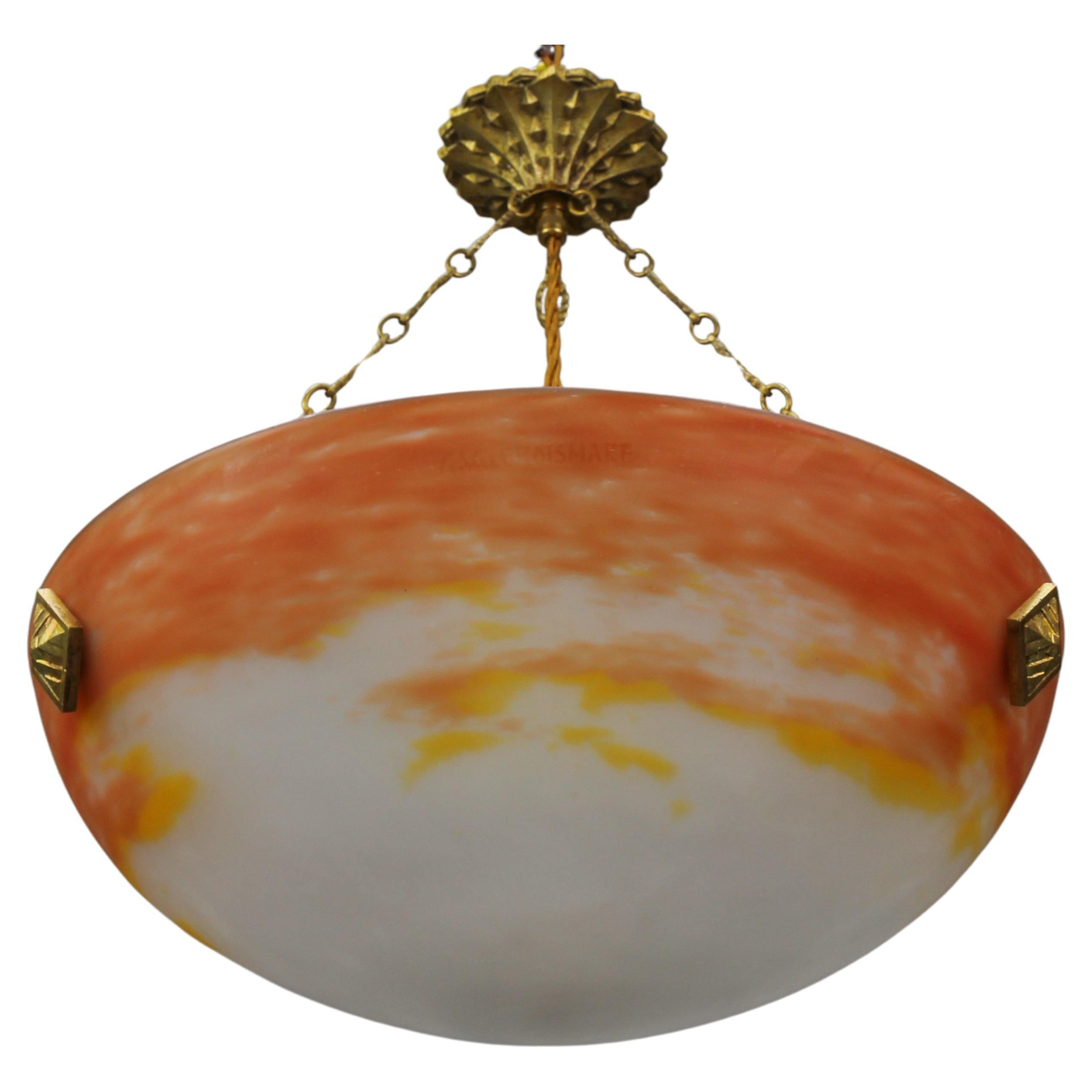 Art Deco Orange Pendant Light by G.V. de Croismare, Muller Frères, France, 1920s For Sale