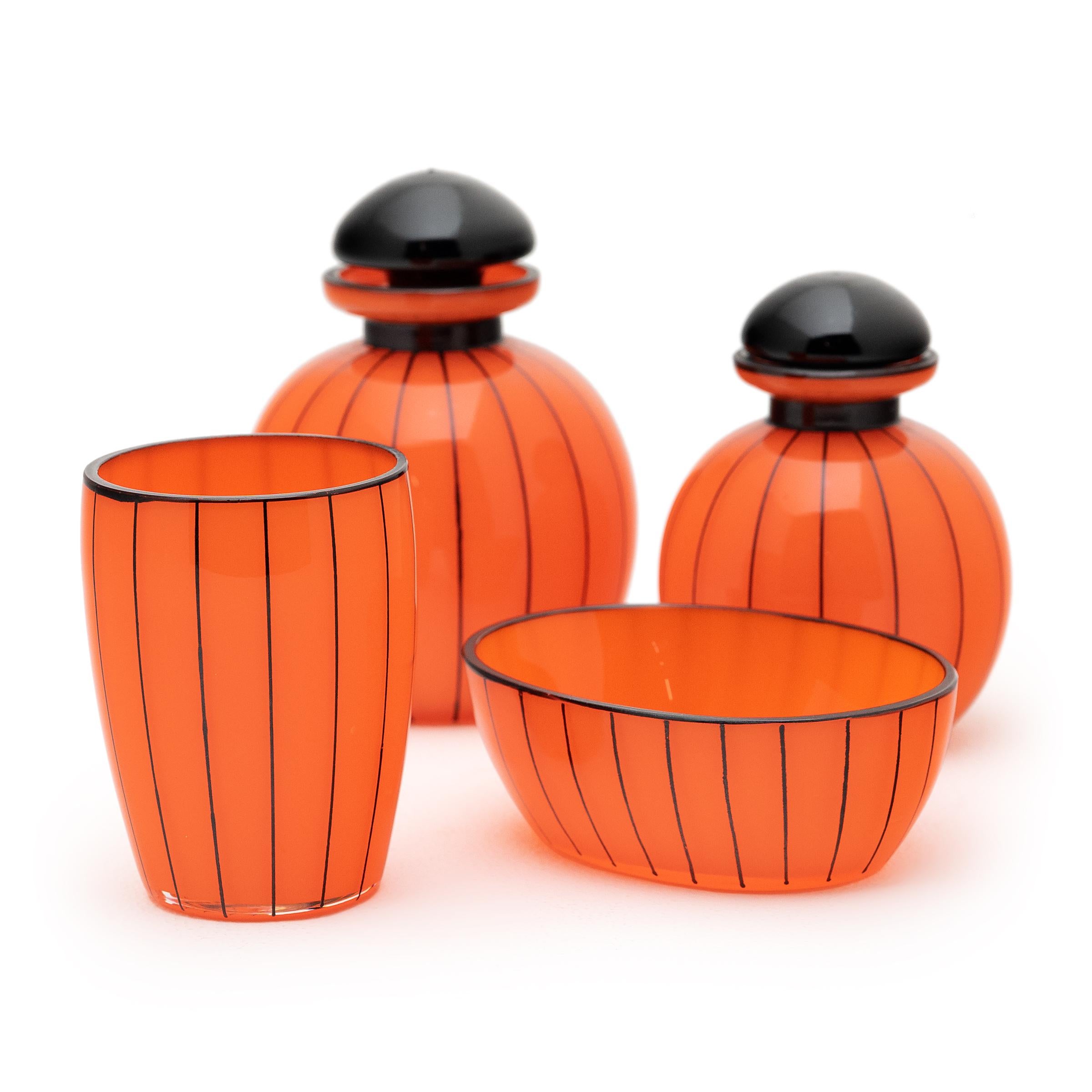 European Art Deco Orange Tango Glass Set by Michael Powolny for Loetz, c. 1920 For Sale