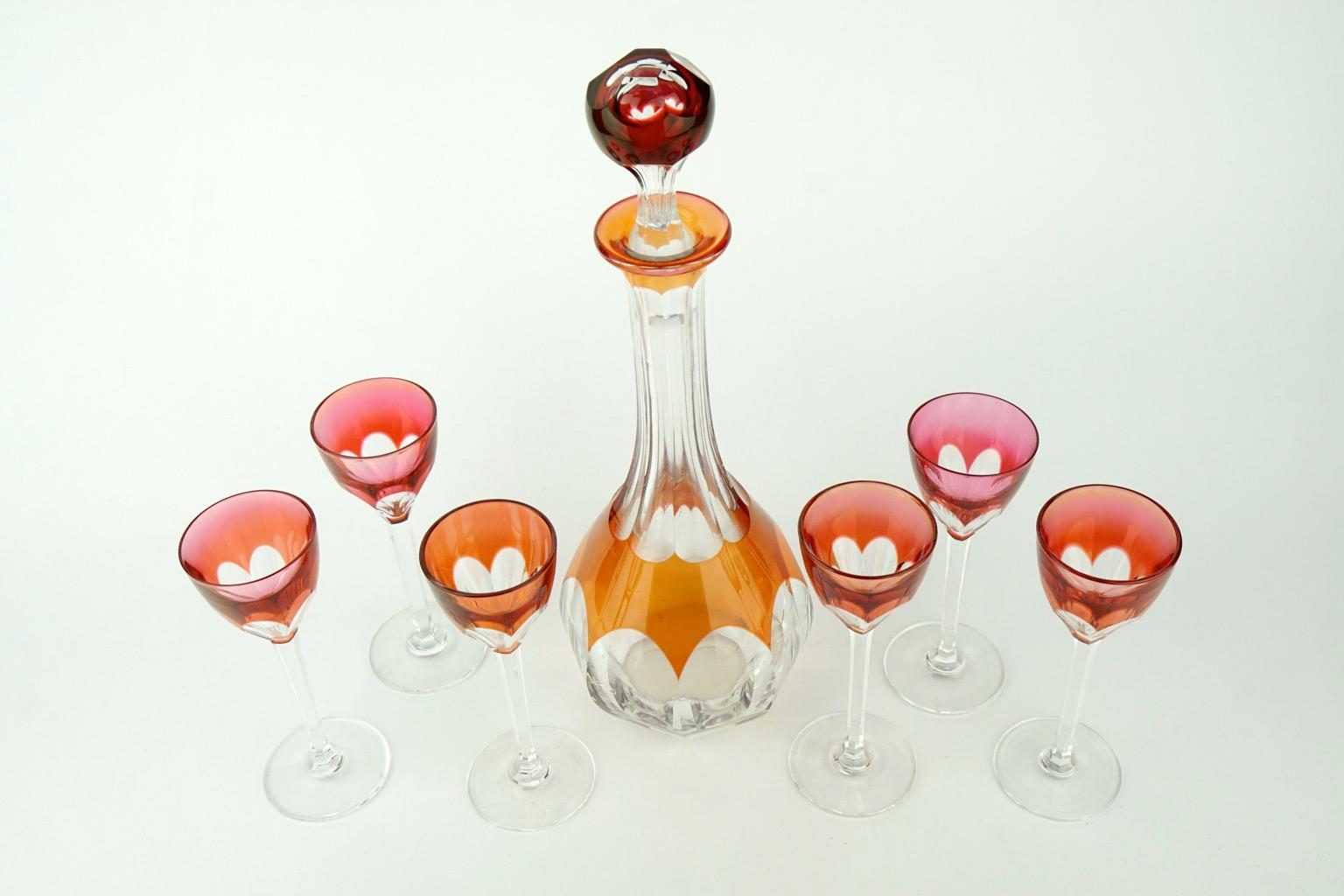 Mid-20th Century Art Deco Orange Val Saint Lambert Gondole Liquor Service Decanter and Glasses For Sale