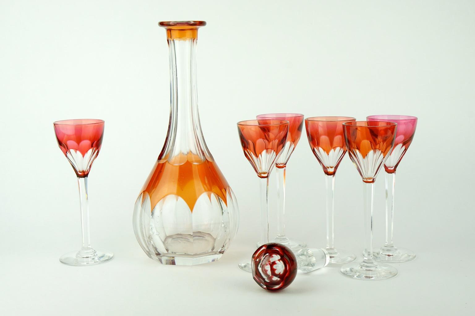 Cut Glass Art Deco Orange Val Saint Lambert Gondole Liquor Service Decanter and Glasses For Sale