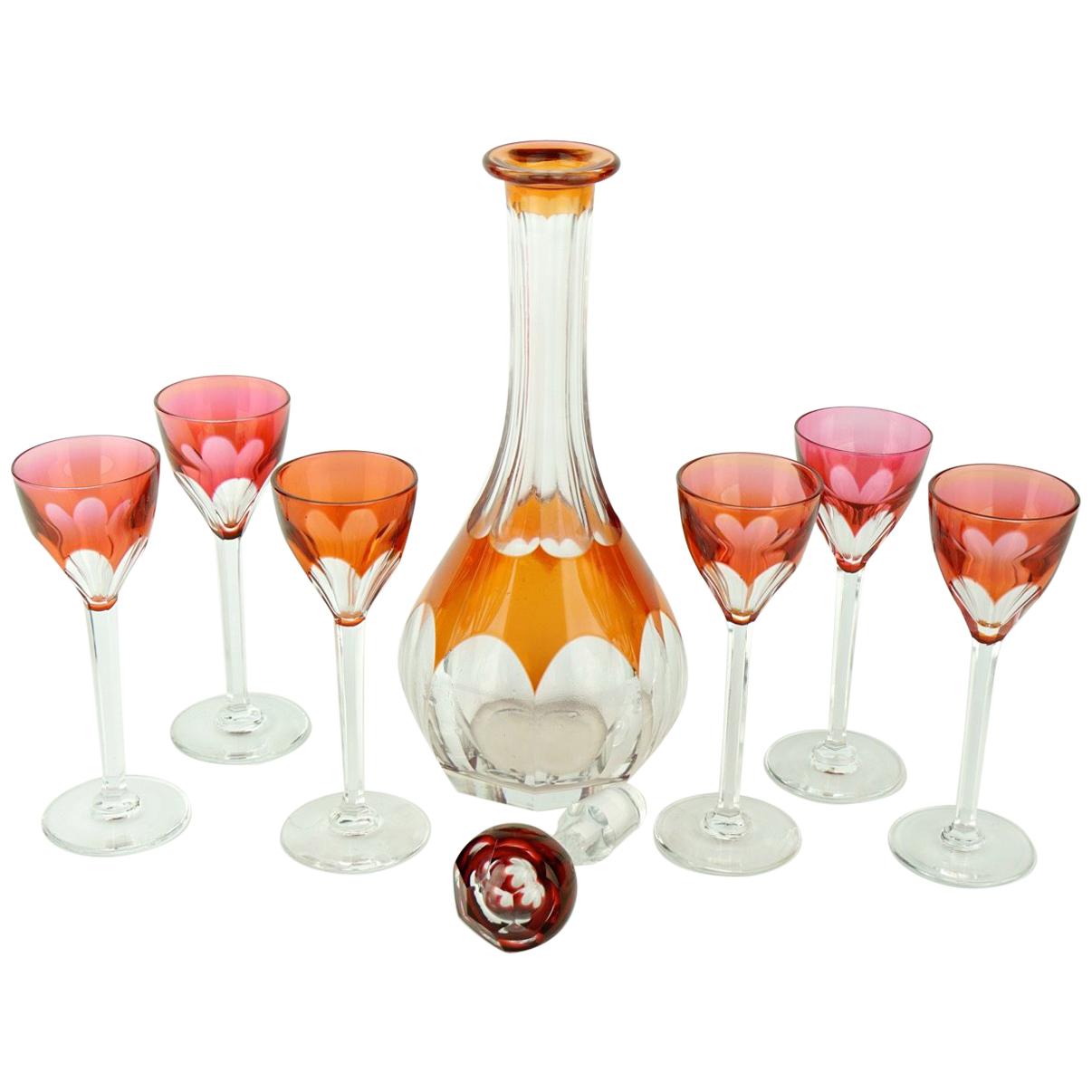 Art Deco Orange Val Saint Lambert Gondole Liquor Service Decanter and Glasses For Sale