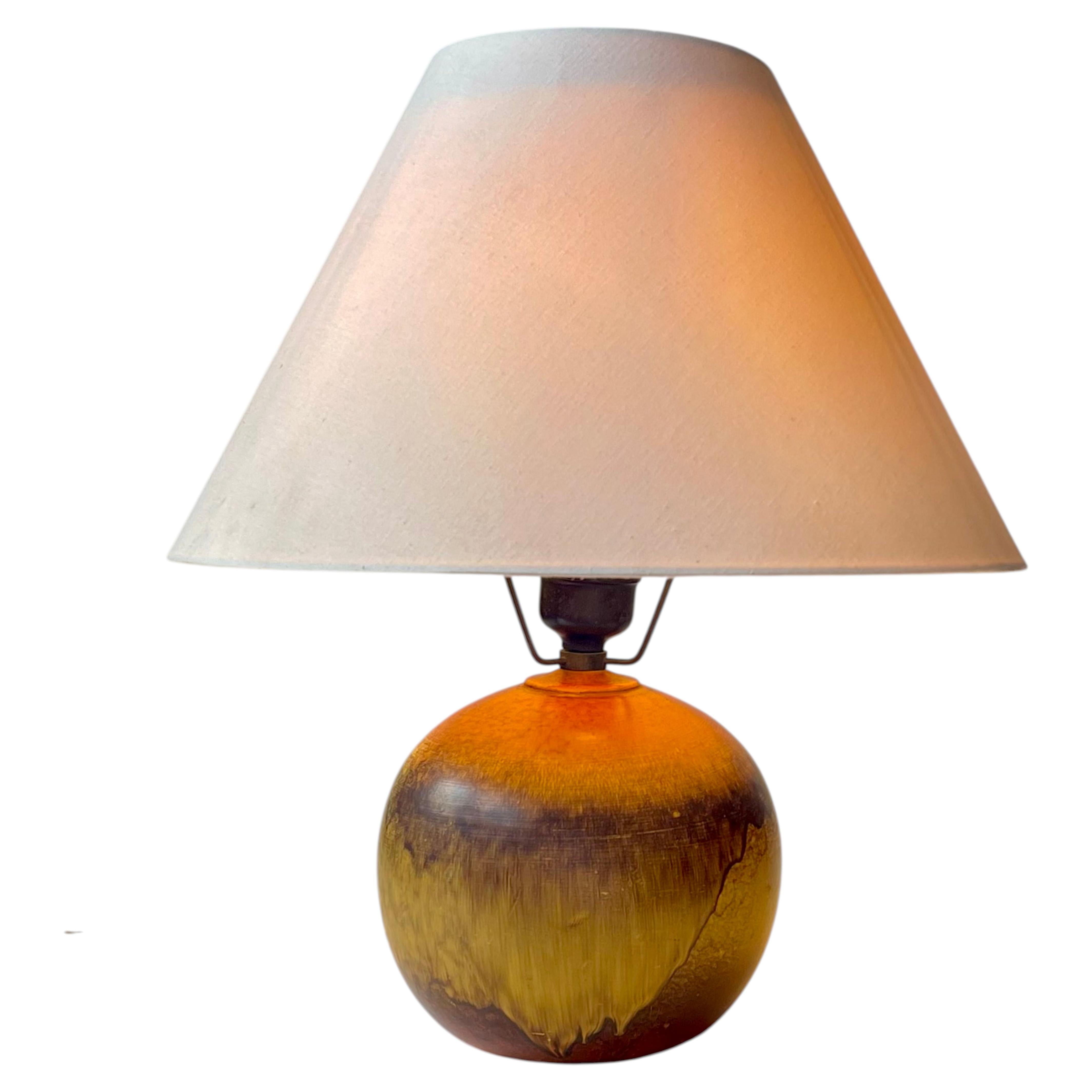 Art Deco Orange Yellow Pottery Orb Table Lamp in the Style of Jean Besnard 1930s