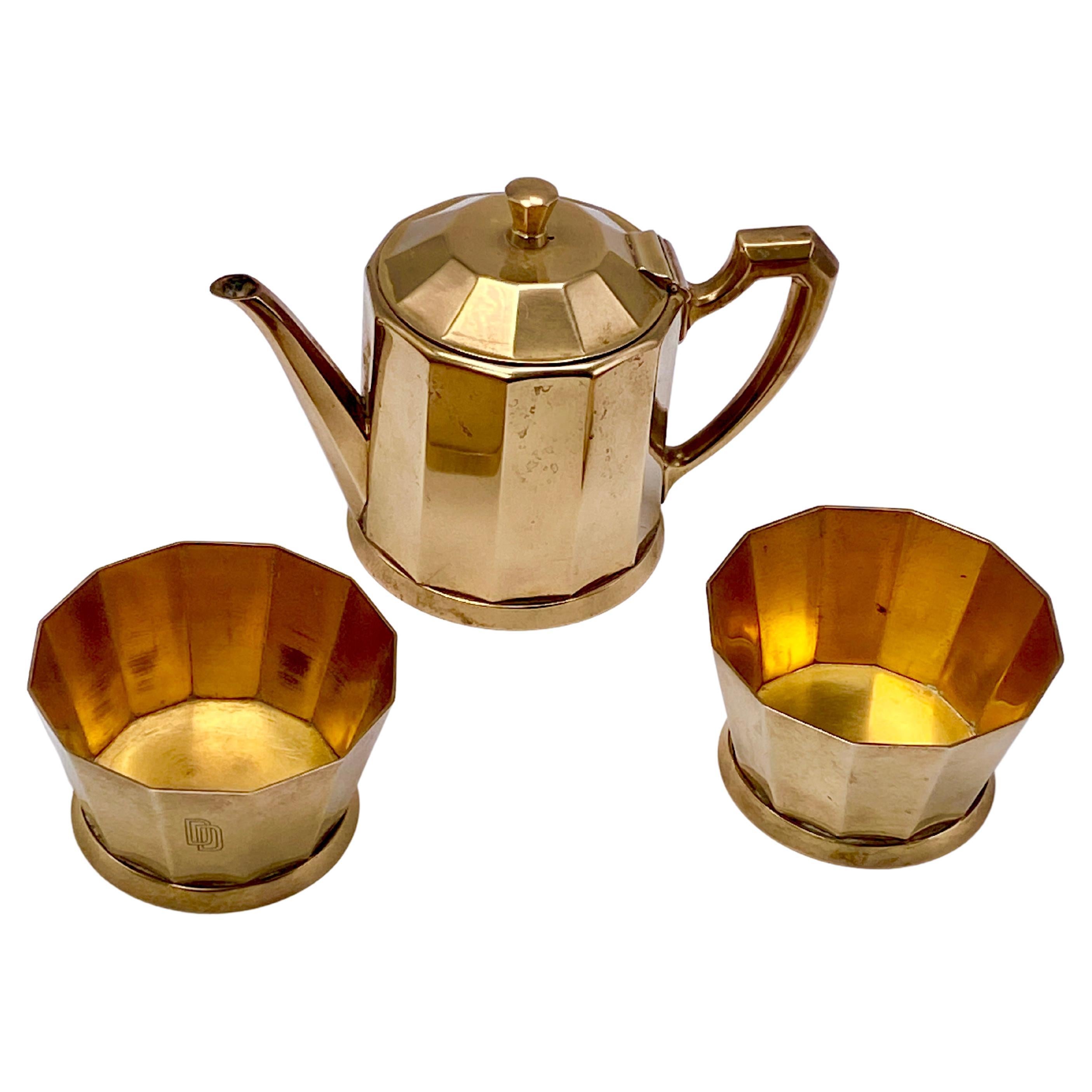 Art Deco Oreum Coffee and Sugar Pot, France 1940, Metal and Gold Style Patina For Sale