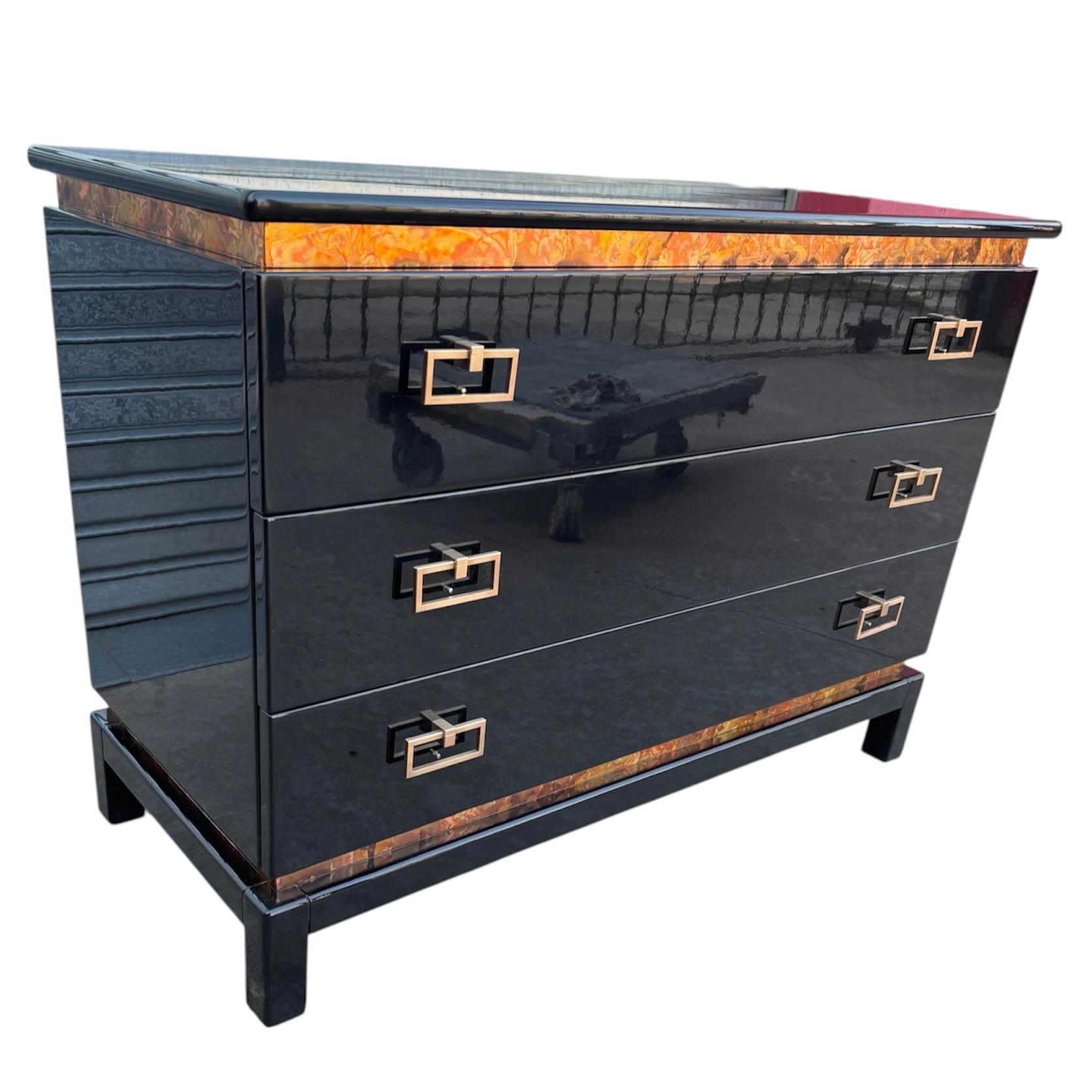 Lacquered Art Deco Oriental Black Lacquer Dresser or Commode with Gold Leaf Accents For Sale
