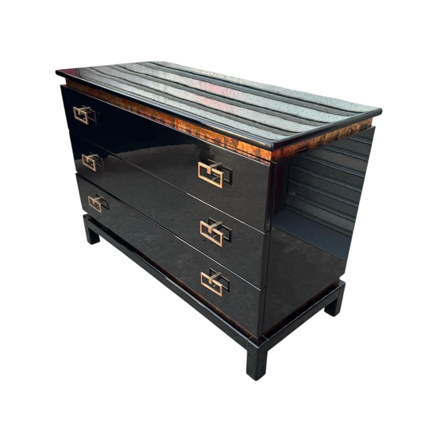20th Century Art Deco Oriental Black Lacquer Dresser or Commode with Gold Leaf Accents For Sale