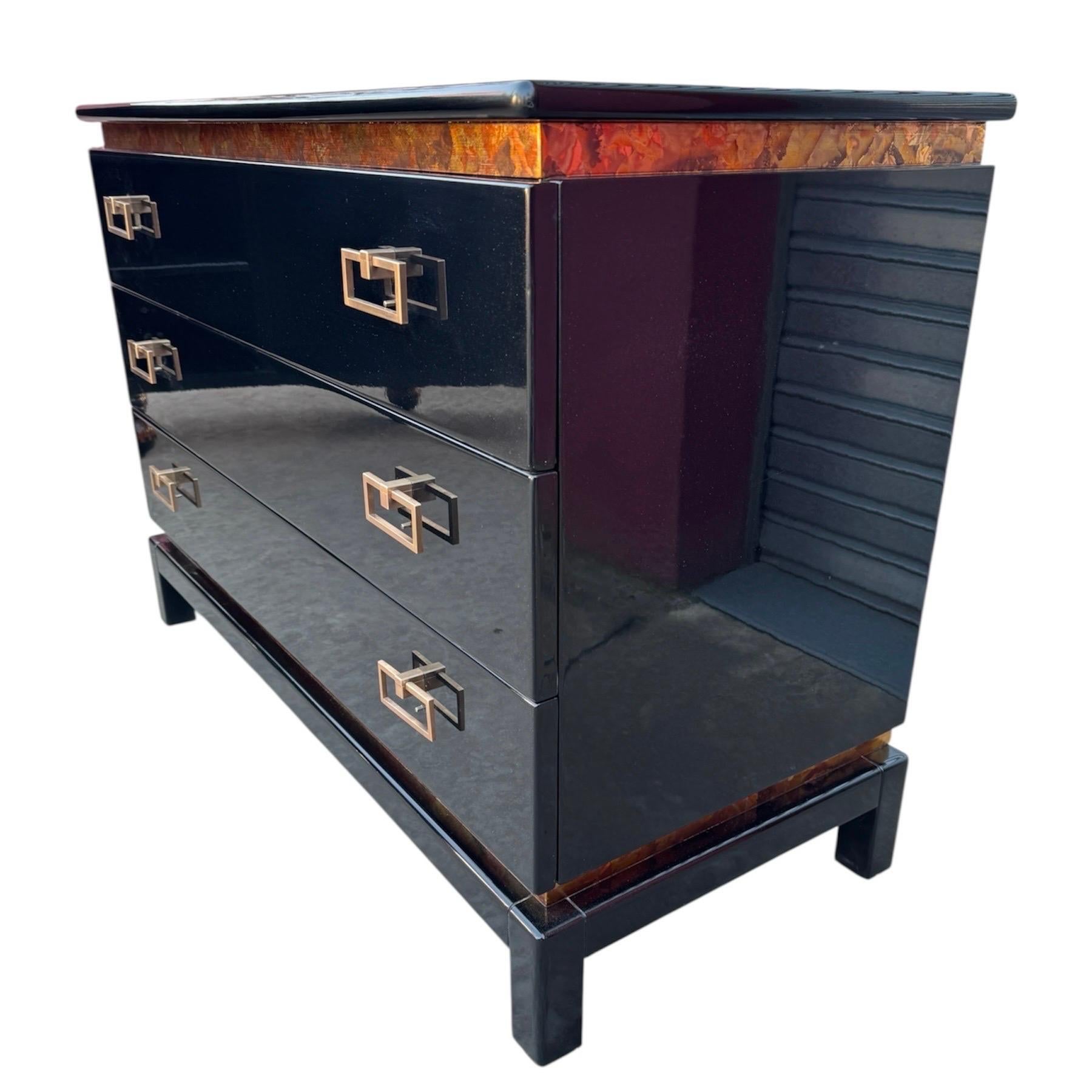 Bronze Art Deco Oriental Black Lacquer Dresser or Commode with Gold Leaf Accents For Sale