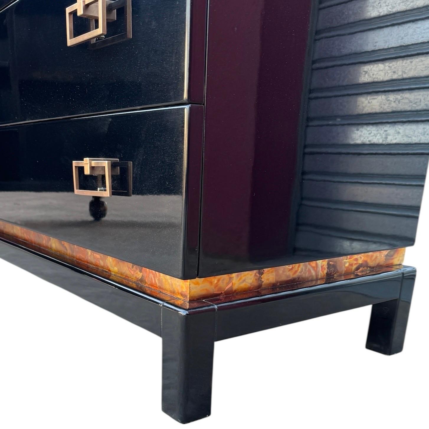 Art Deco Oriental Black Lacquer Dresser or Commode with Gold Leaf Accents For Sale 1
