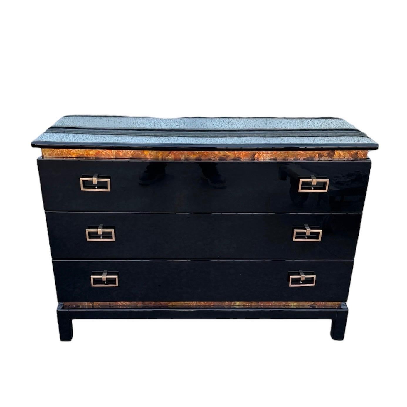 Art Deco Oriental Black Lacquer Dresser or Commode with Gold Leaf Accents For Sale 2