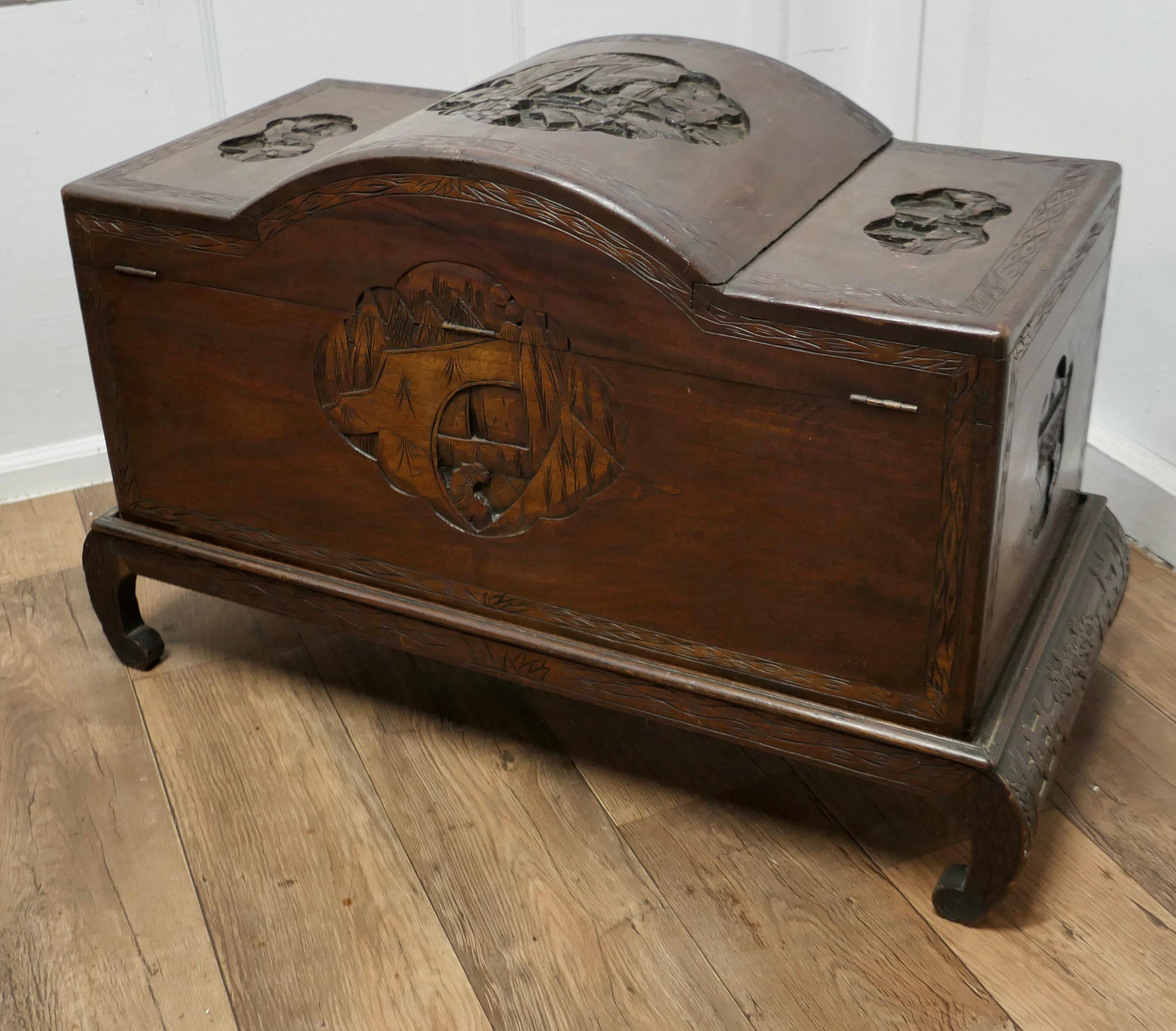 Art Deco Oriental Carved Camphor Wood Chest For Sale 4