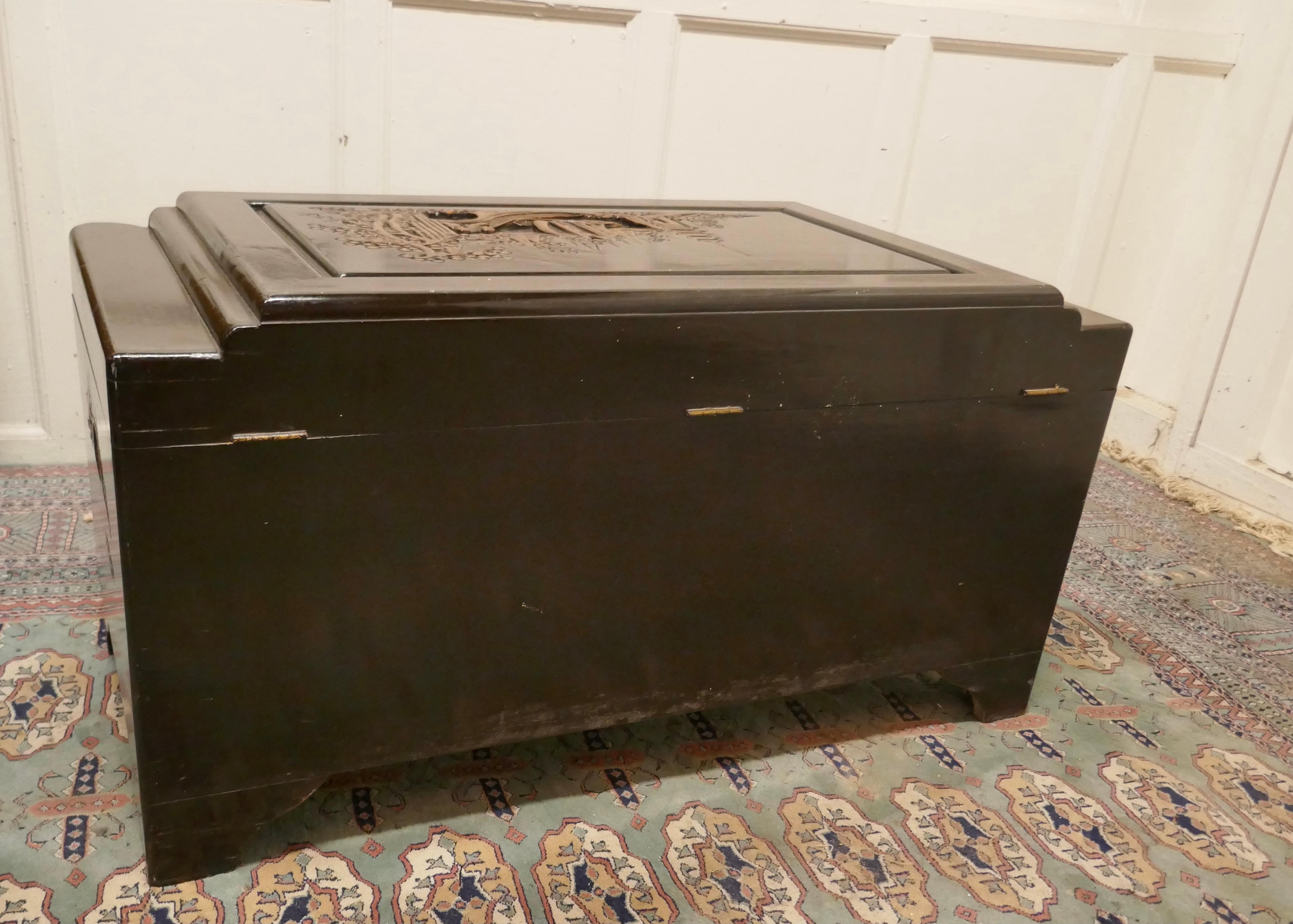 Art Deco Oriental Carved Camphor Wood Chest    5
