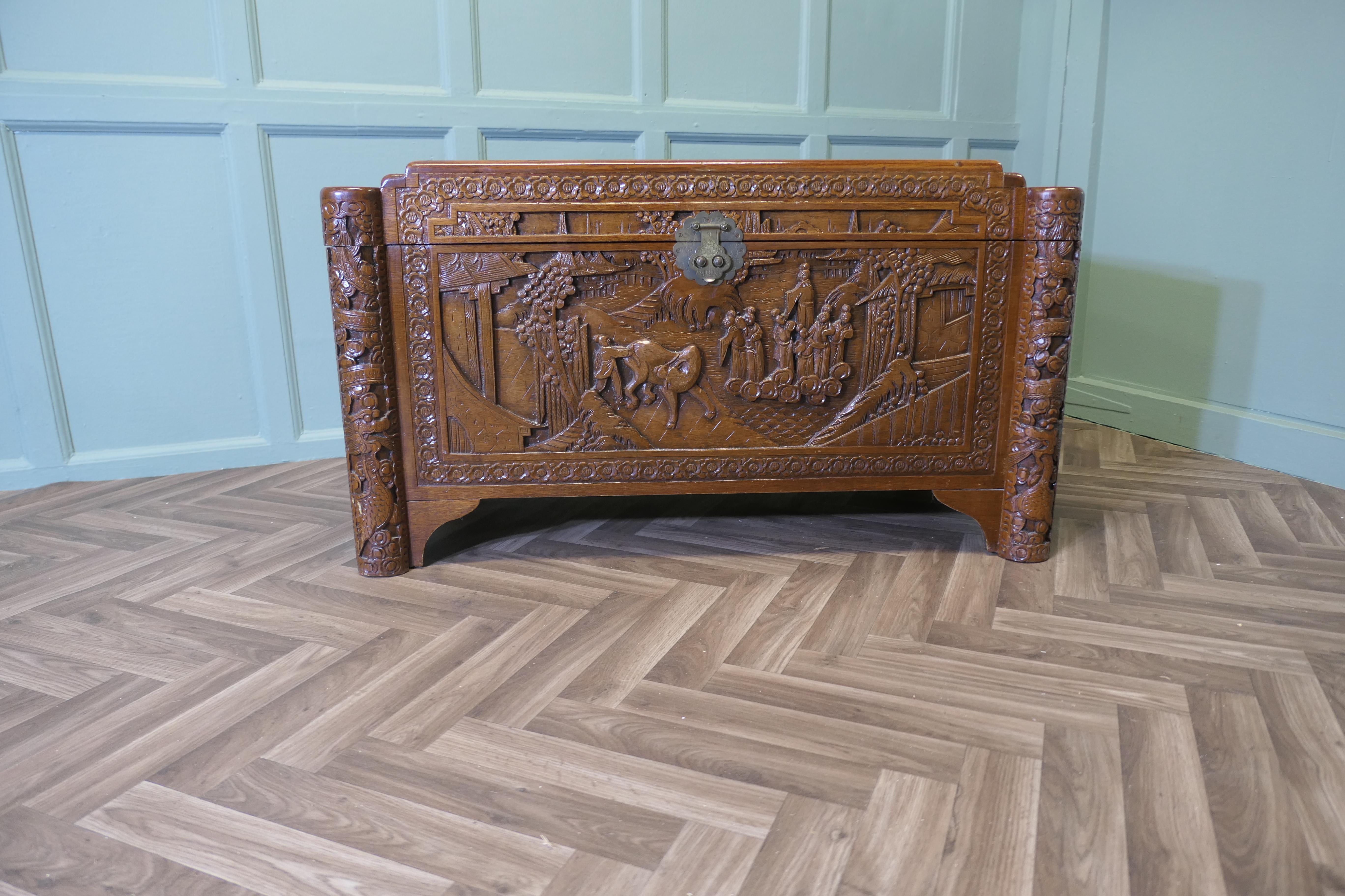 Art Deco Oriental Carved Camphor Wood Chest


This Beautiful Carved Chest is made from Camphor Wood, for those of you who do not know camphor wood it is a hard wood which lends itself very well to carving.
However the main reason for using camphor