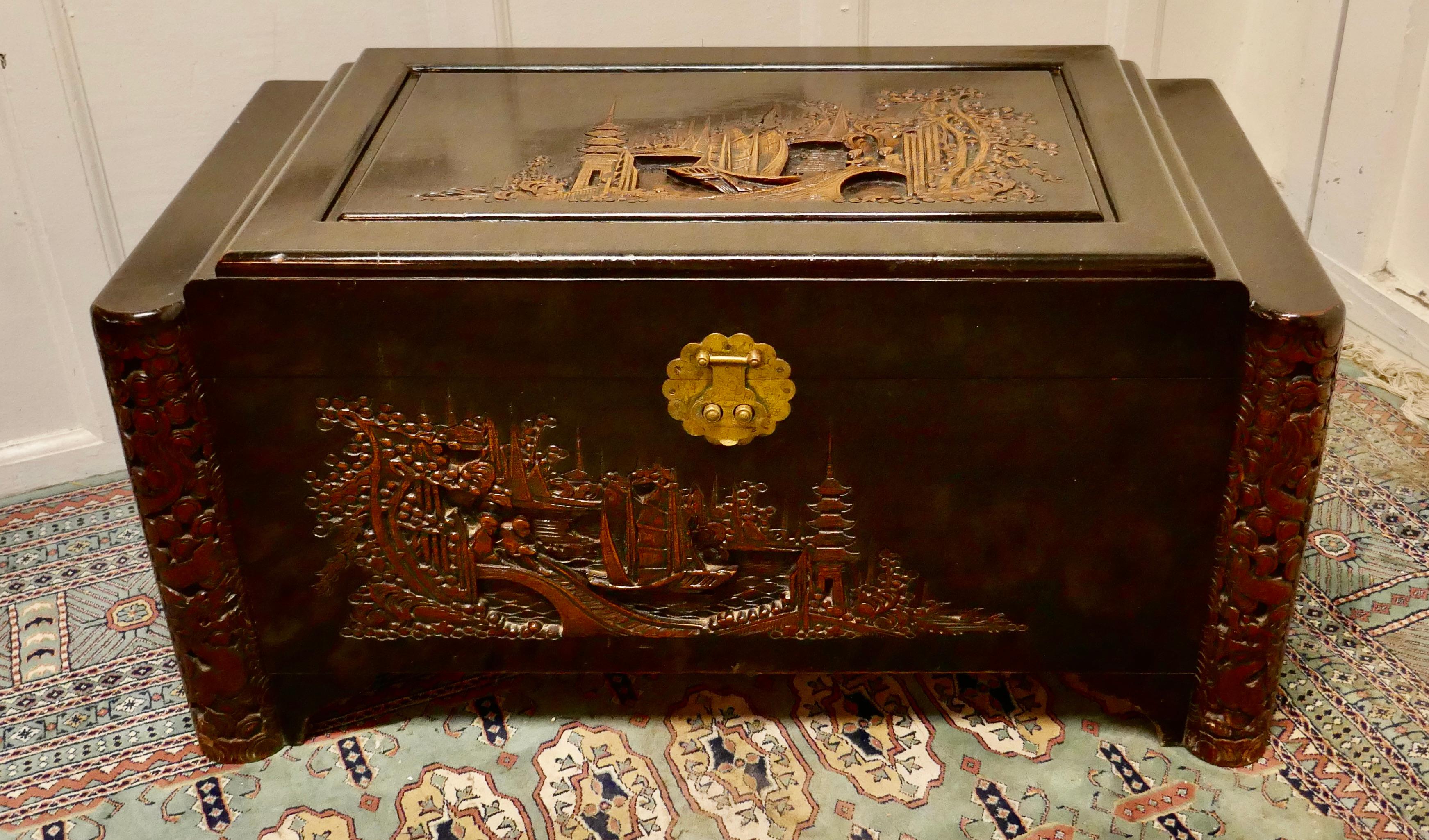 Chinoiserie Art Deco Oriental Carved Camphor Wood Chest   