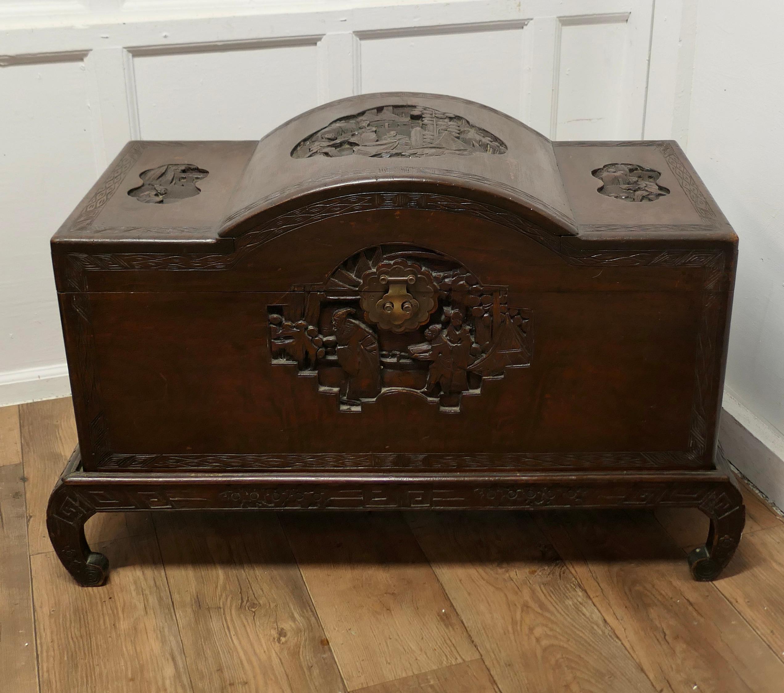 Chinoiserie Art Deco Oriental Carved Camphor Wood Chest For Sale
