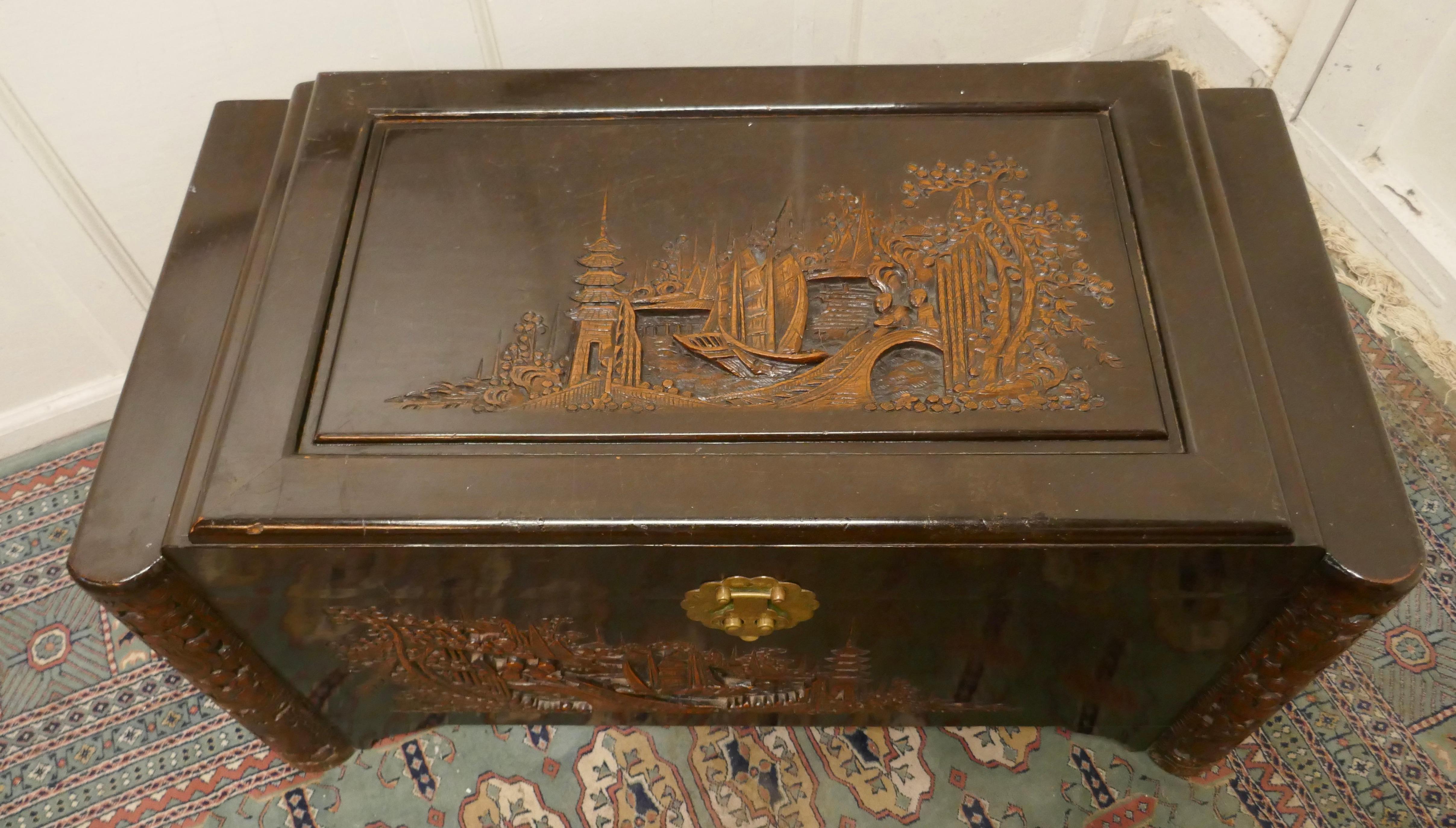 Art Deco Oriental Carved Camphor Wood Chest    In Good Condition In Chillerton, Isle of Wight