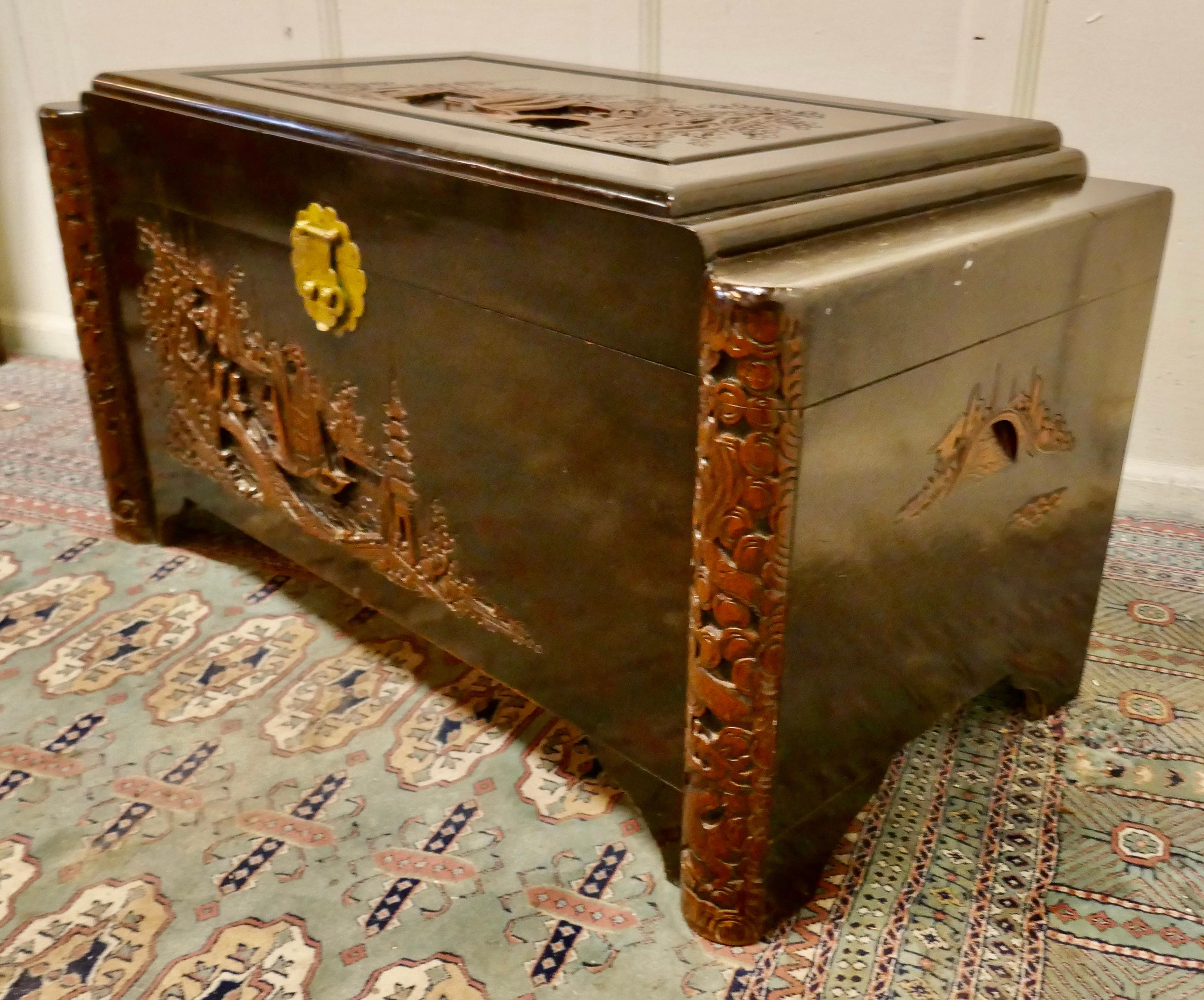 Early 20th Century Art Deco Oriental Carved Camphor Wood Chest   