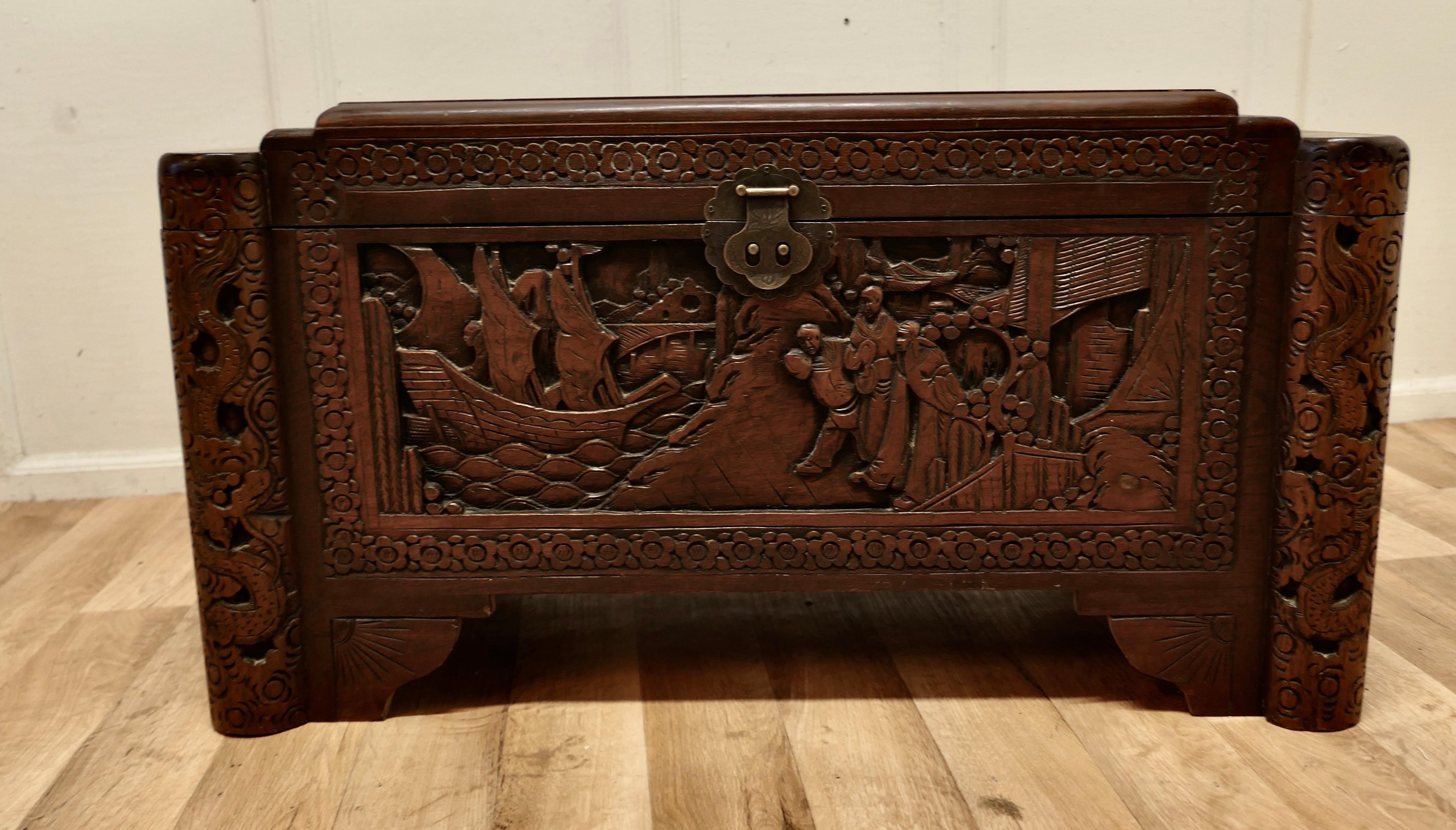 Chinese Export Art Deco Oriental Carved Camphor Wood Chest For Sale