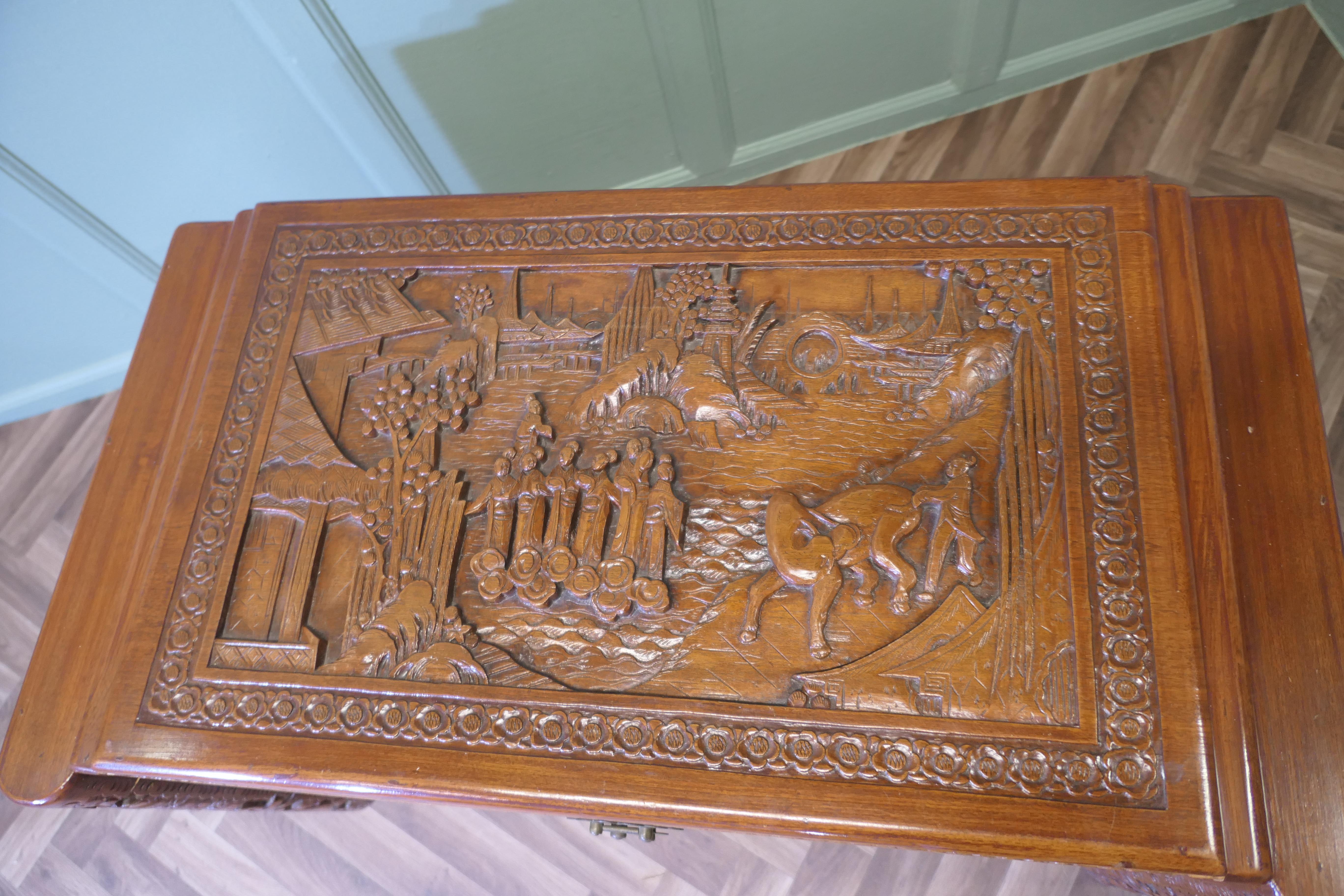Hardwood Art Deco Oriental Carved Camphor Wood Chest For Sale