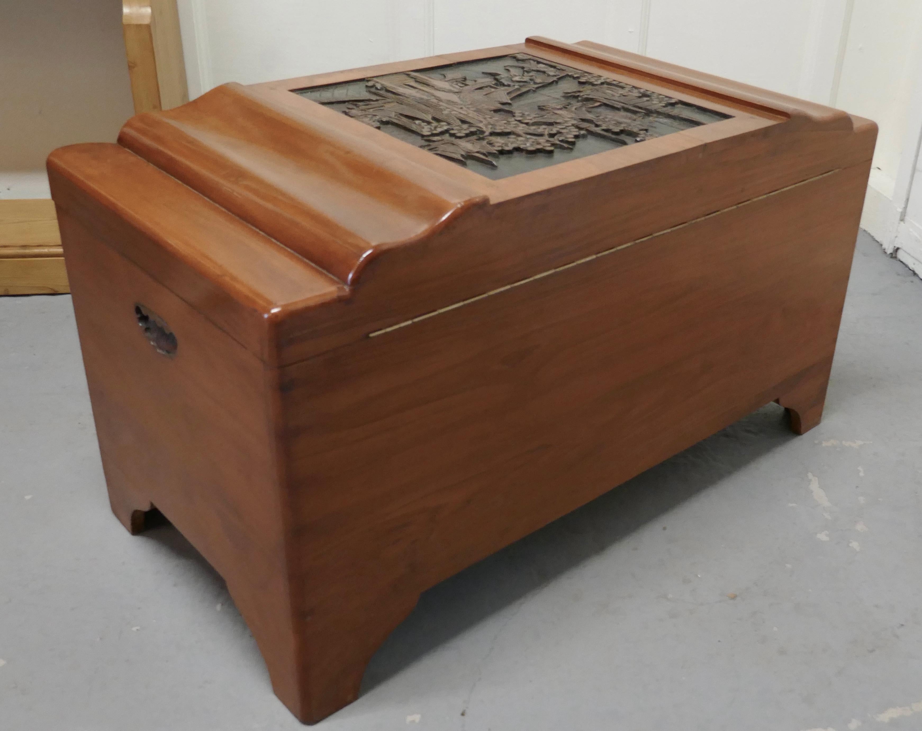 Art Deco Oriental Carved Camphor Wood Chest In Good Condition In Godshill, Isle of Wight