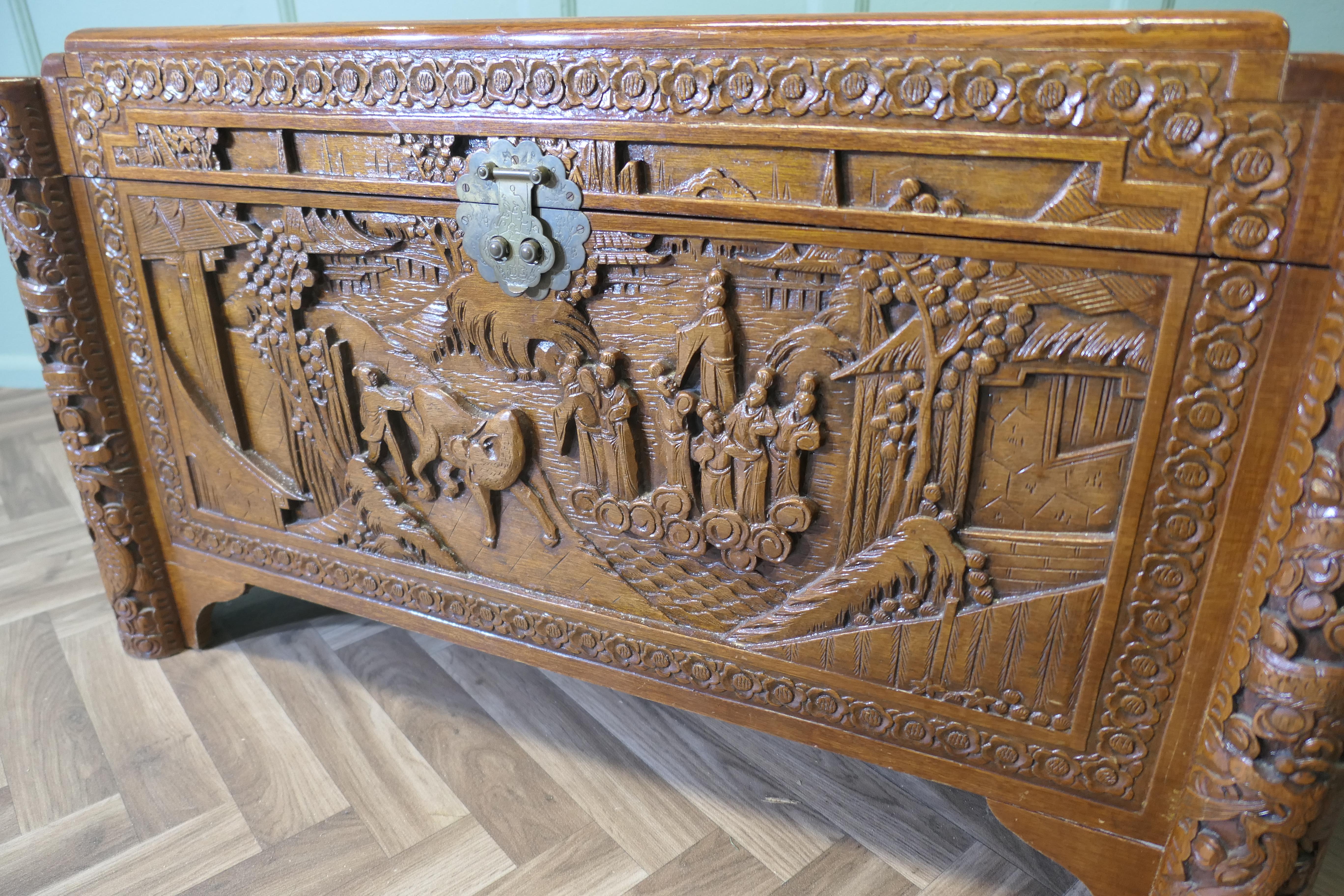 Art Deco Oriental Carved Camphor Wood Chest For Sale 1