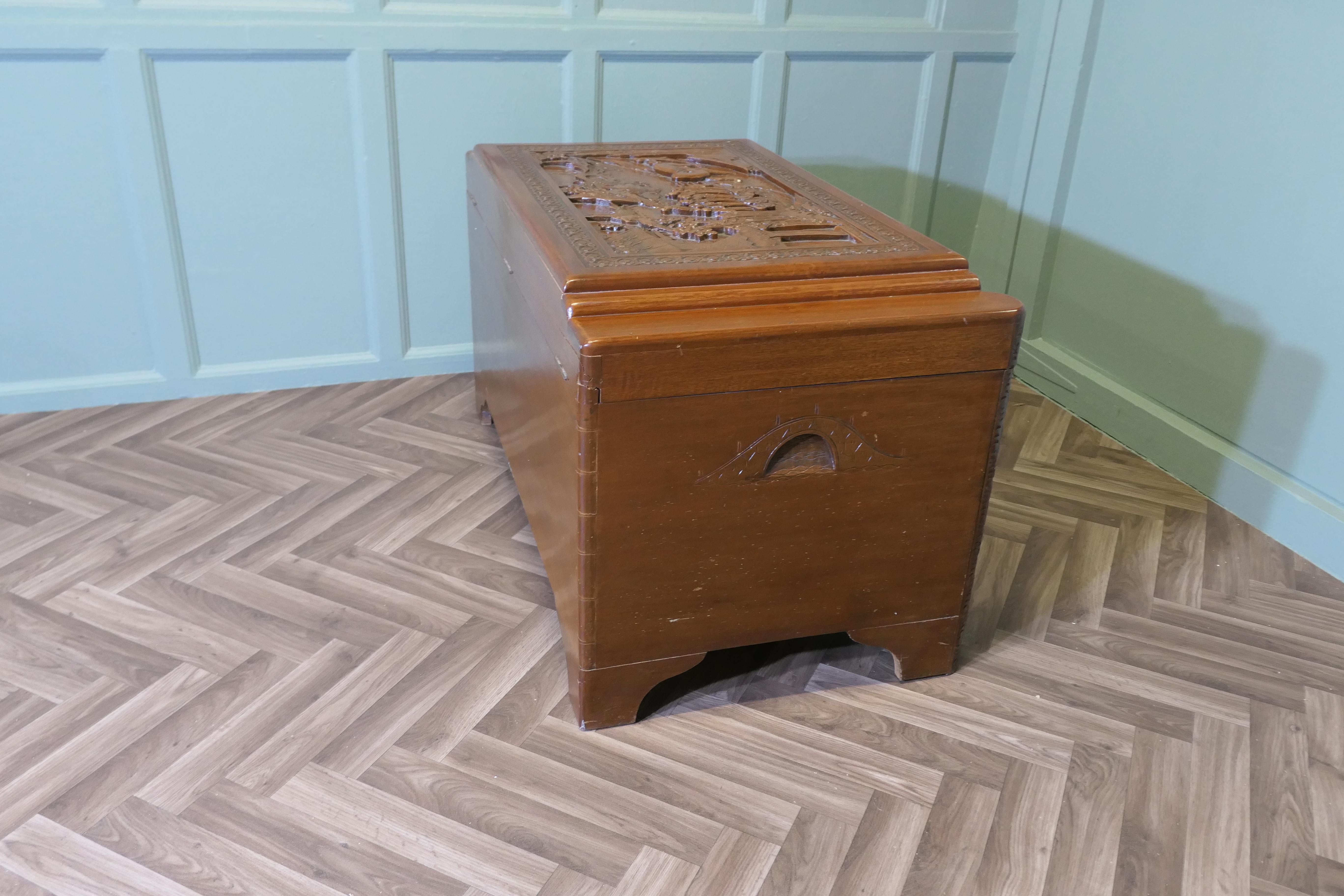 Art Deco Oriental Carved Camphor Wood Chest For Sale 2