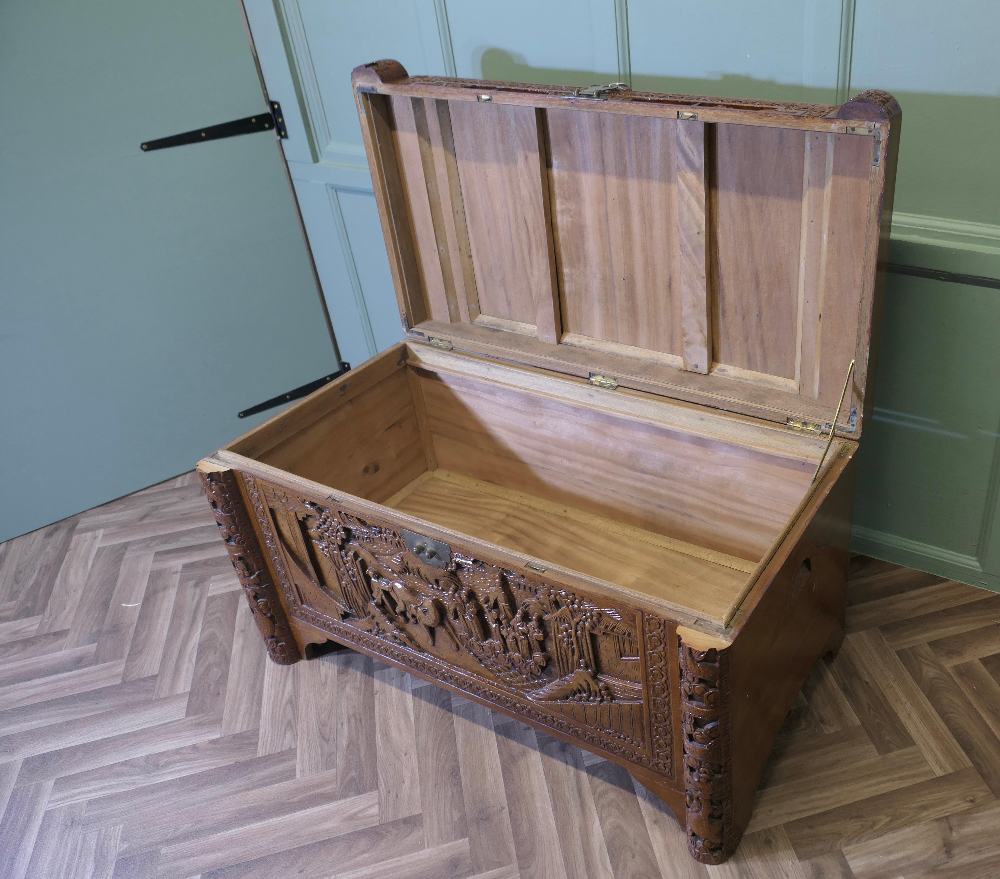 Art Deco Oriental Carved Camphor Wood Chest For Sale 3