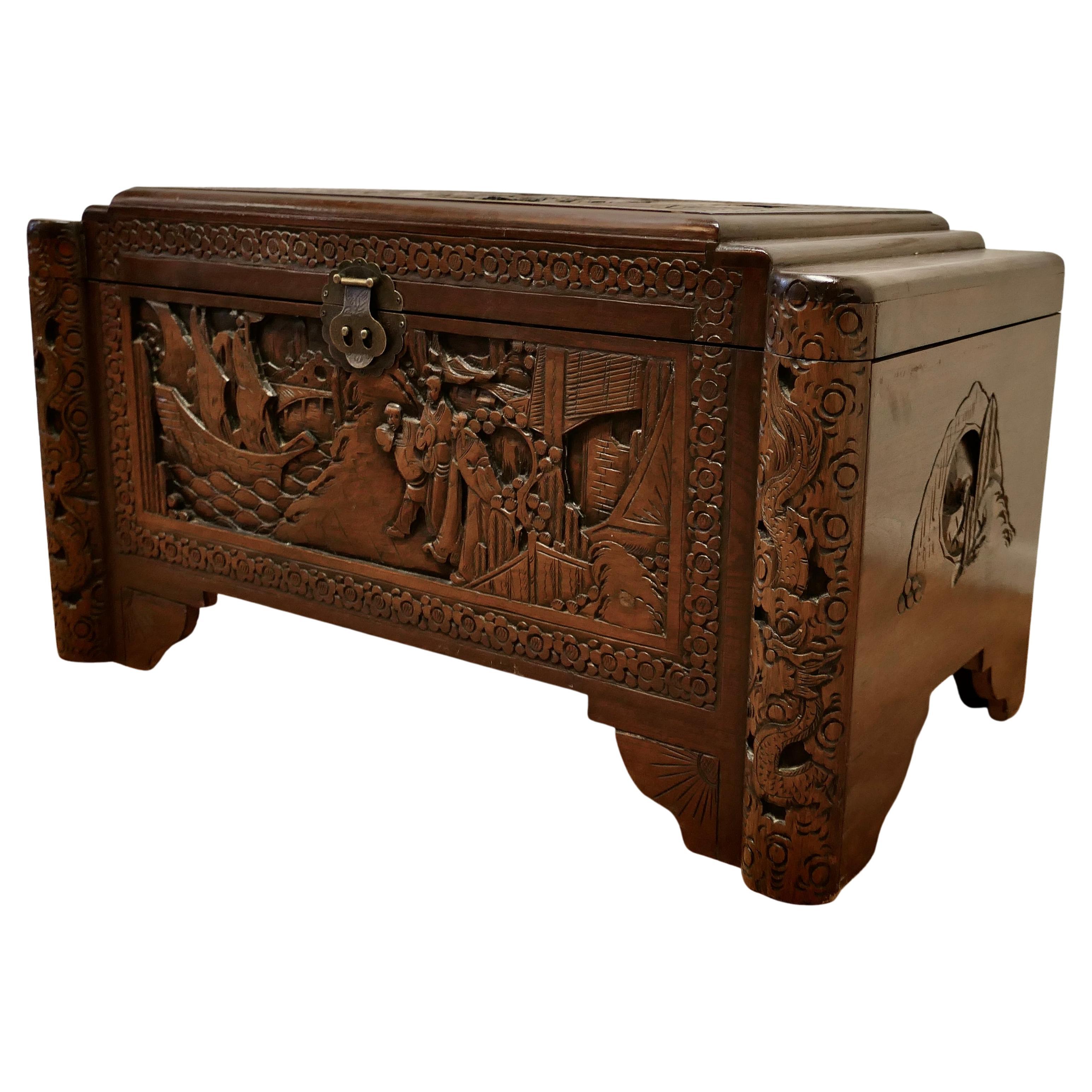Art Deco Oriental Carved Camphor Wood Chest For Sale