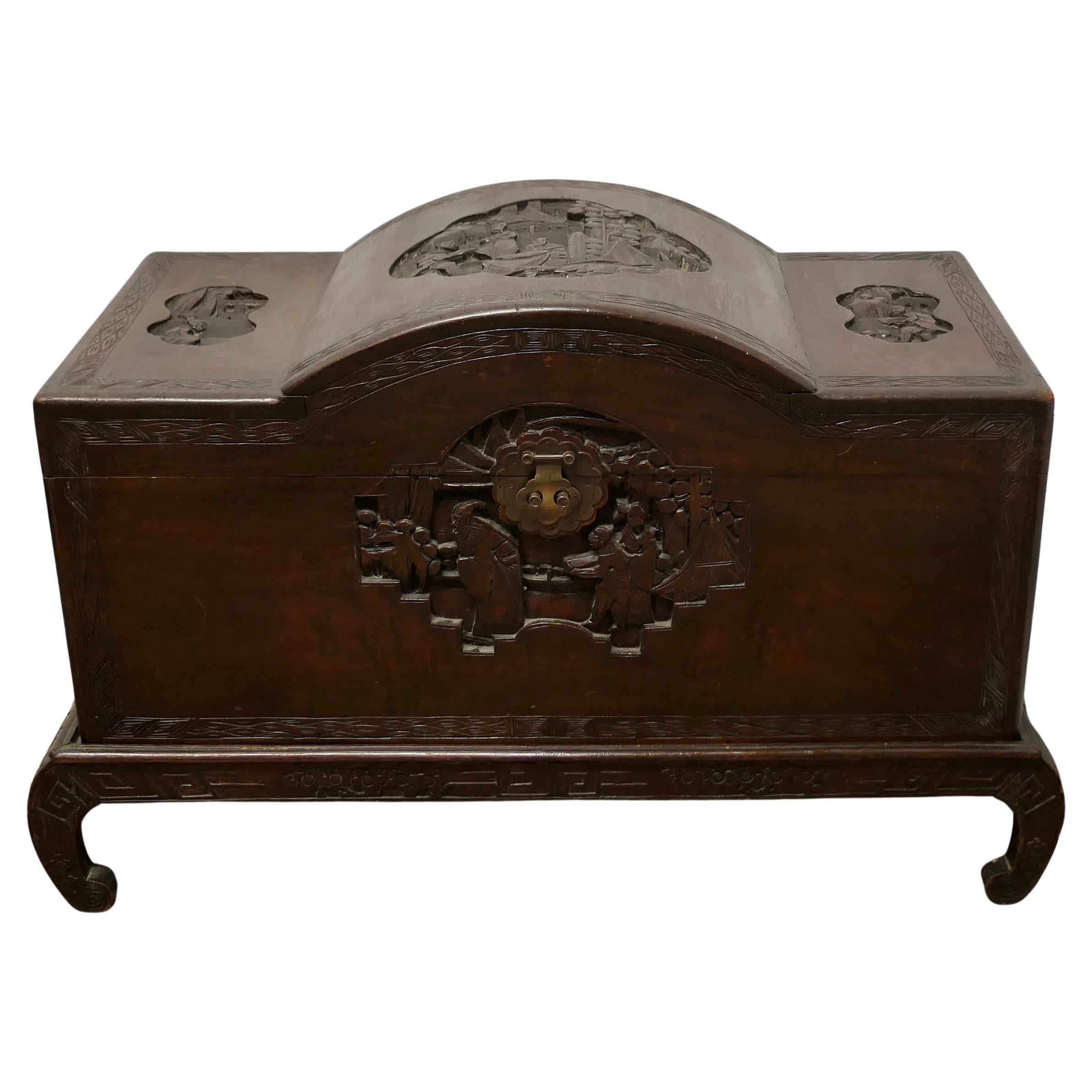 Art Deco Oriental Carved Camphor Wood Chest For Sale