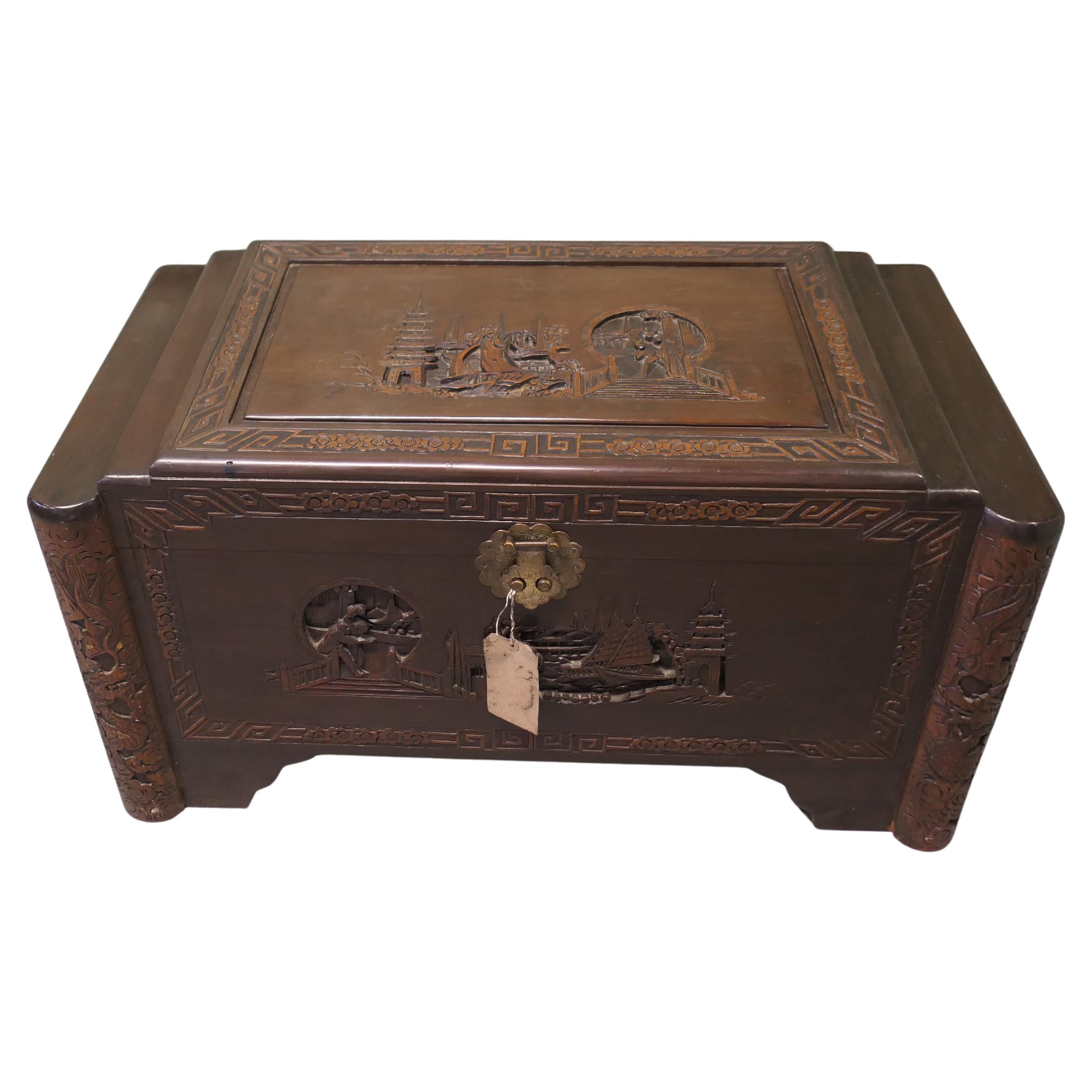 Art Deco Chinoiserie Chest, Dark Camphor Wood, Carved Design, 1920