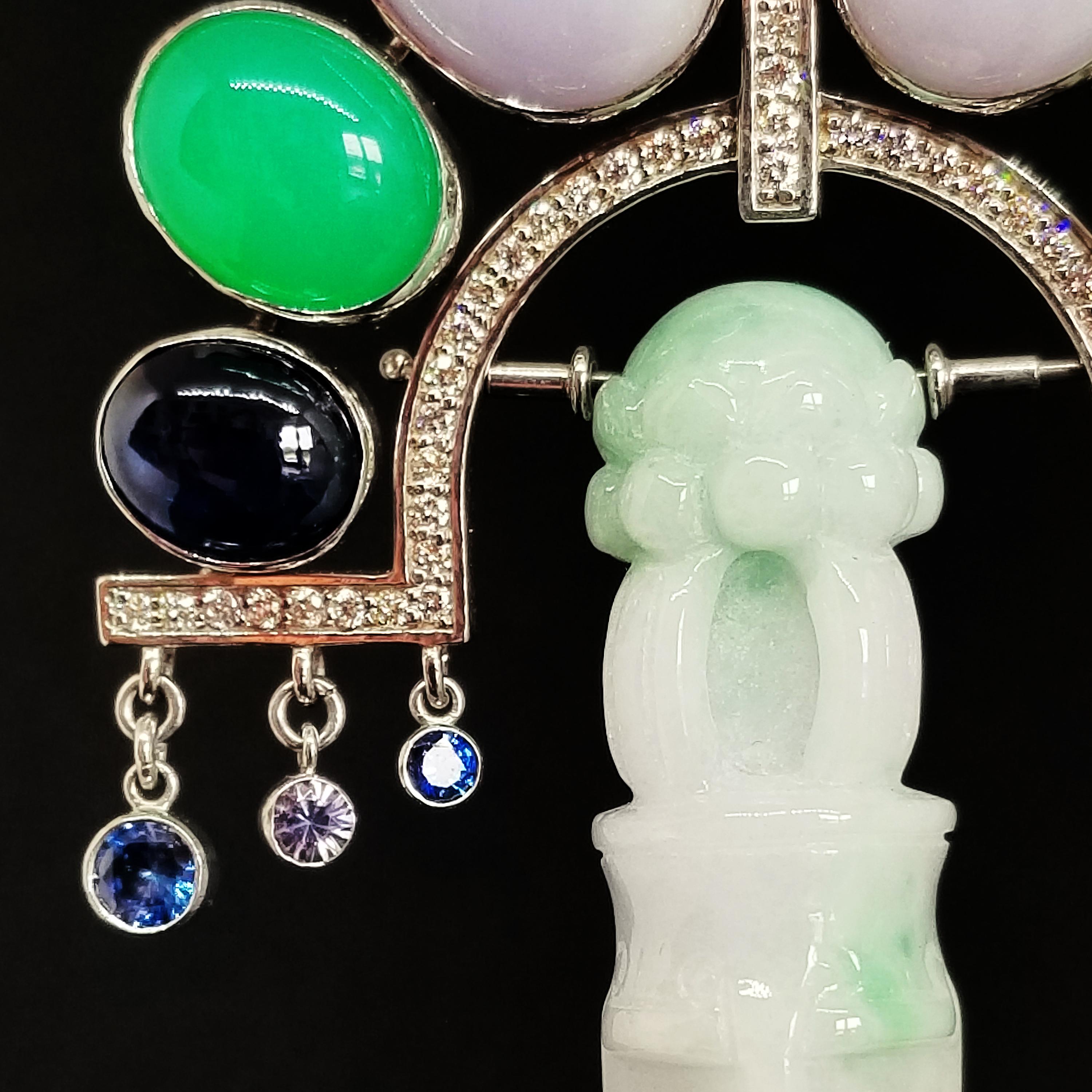 Deco Orient Necklace Natural Burma Green Lavender Jade Ghost Dagger 18K Sapphire For Sale 3
