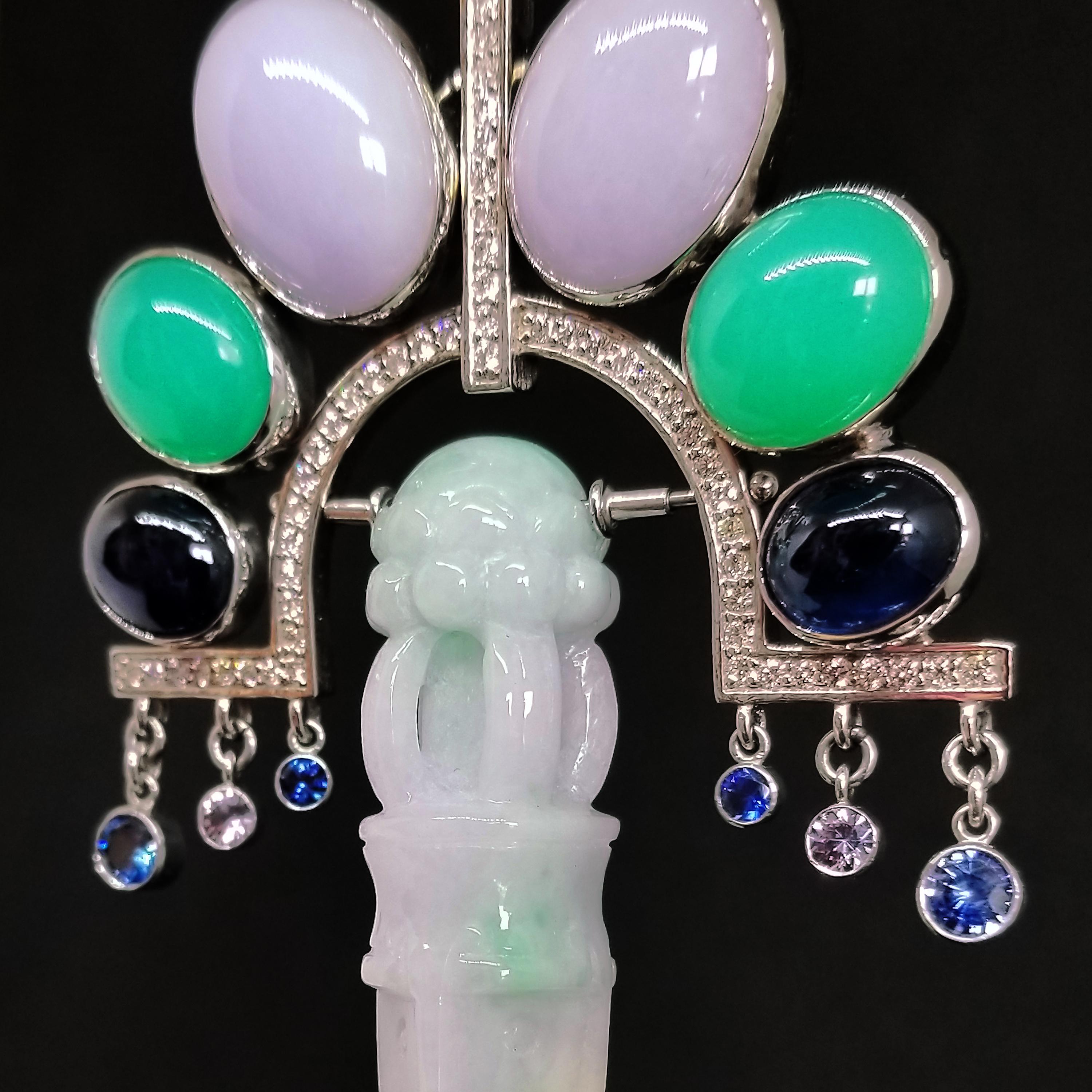 Deco Orient Necklace Natural Burma Green Lavender Jade Ghost Dagger 18K Sapphire For Sale 4