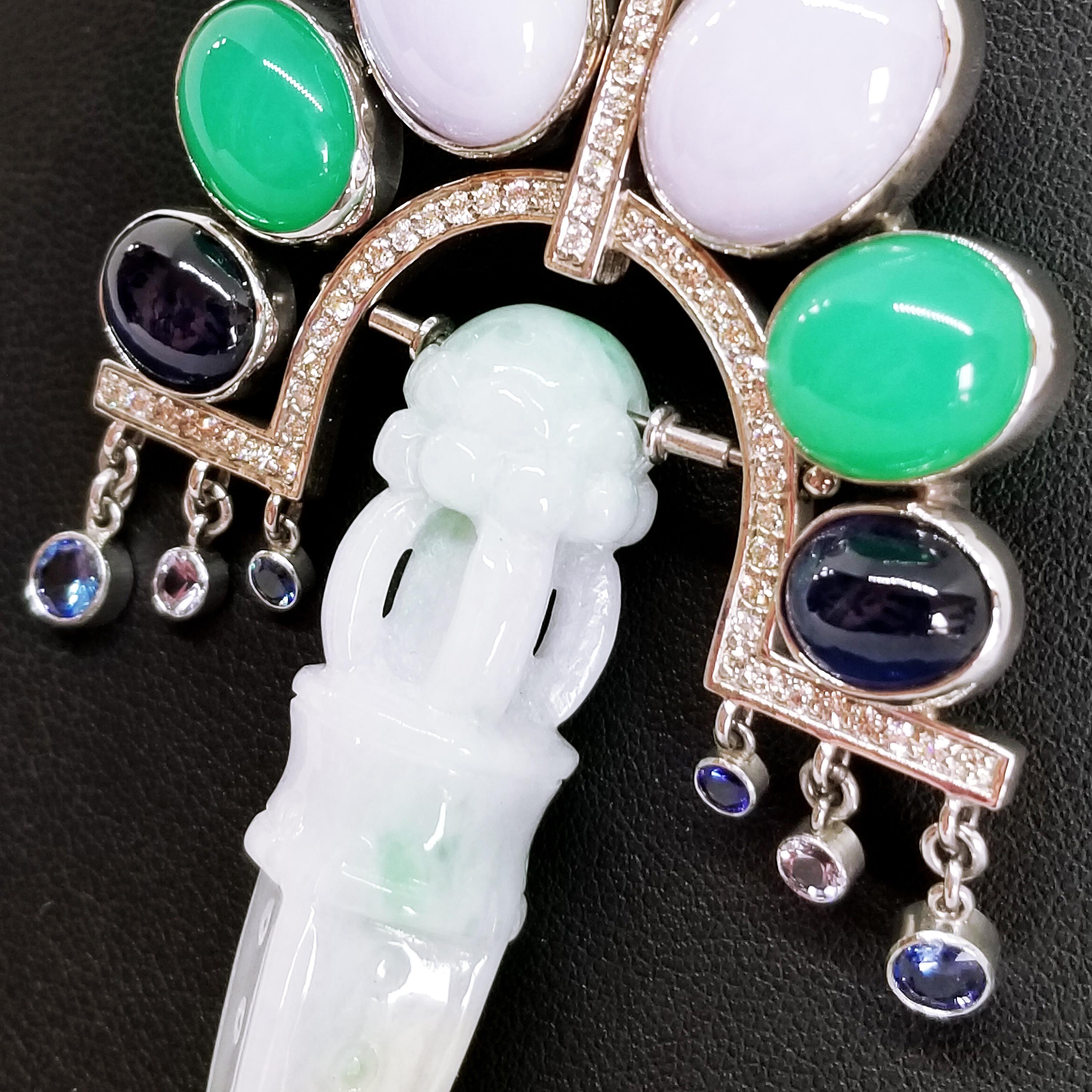 Deco Orient Necklace Natural Burma Green Lavender Jade Ghost Dagger 18K Sapphire For Sale 5