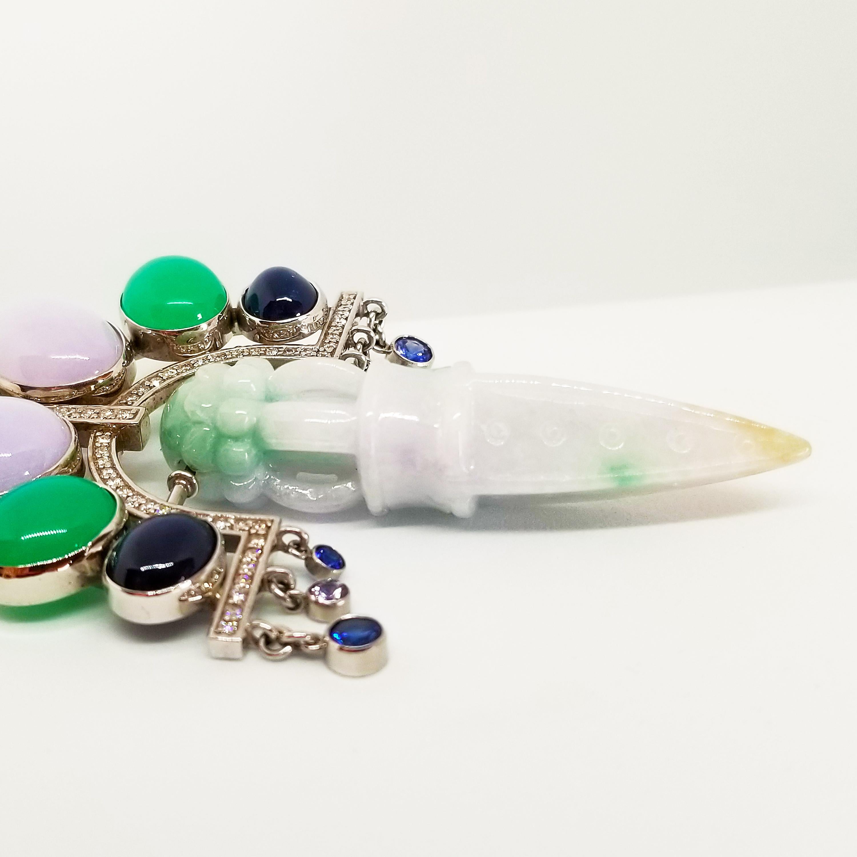 Deco Orient Necklace Natural Burma Green Lavender Jade Ghost Dagger 18K Sapphire For Sale 6