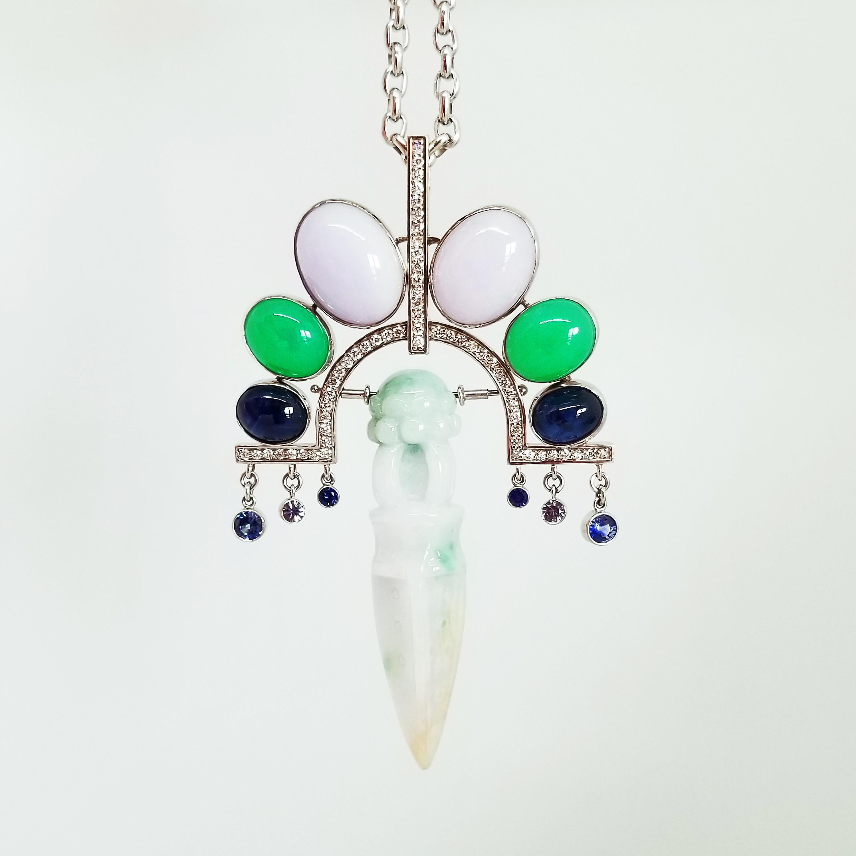 Deco Orient Necklace Natural Burma Green Lavender Jade Ghost Dagger 18K Sapphire For Sale 7