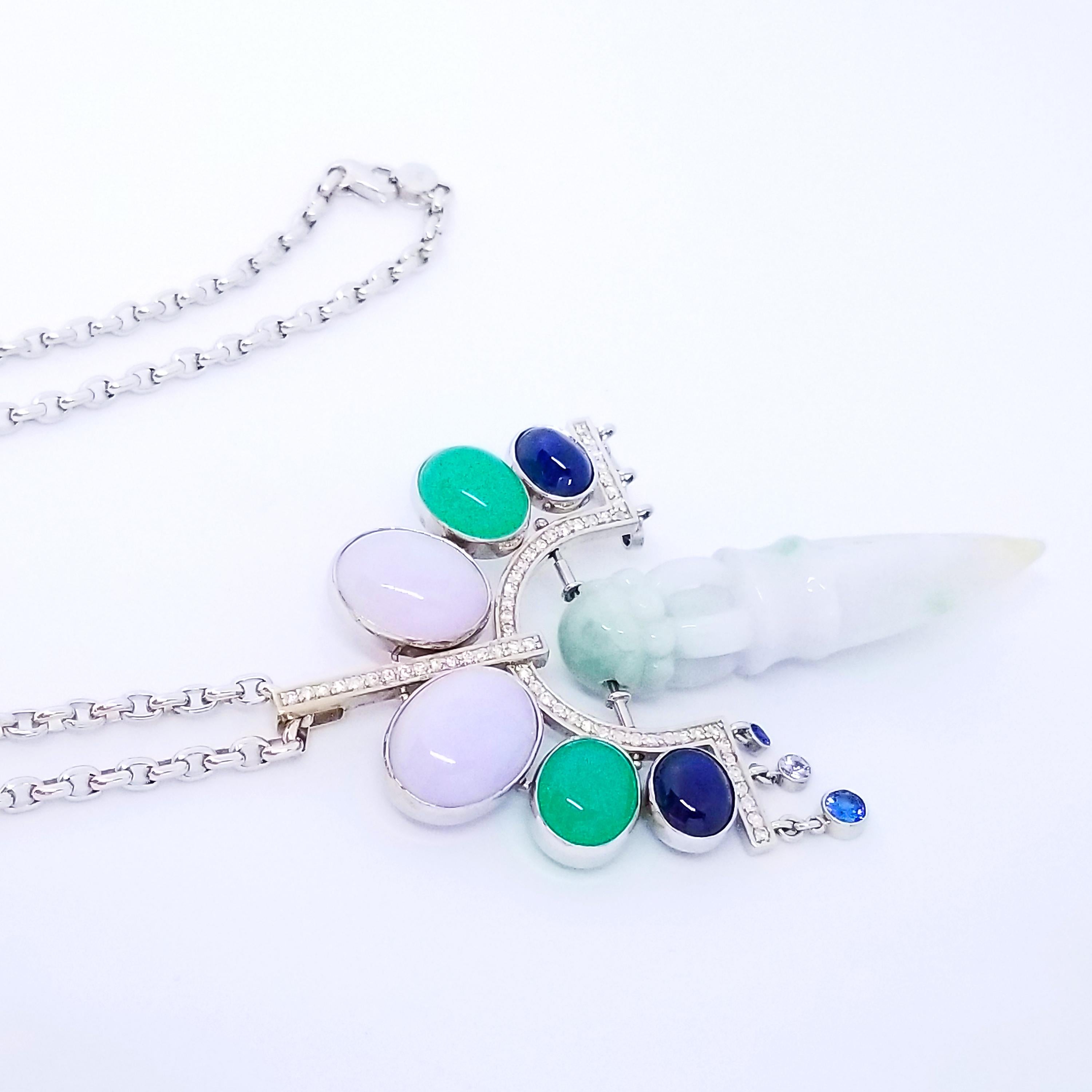 Deco Orient Necklace Natural Burma Green Lavender Jade Ghost Dagger 18K Sapphire For Sale 8