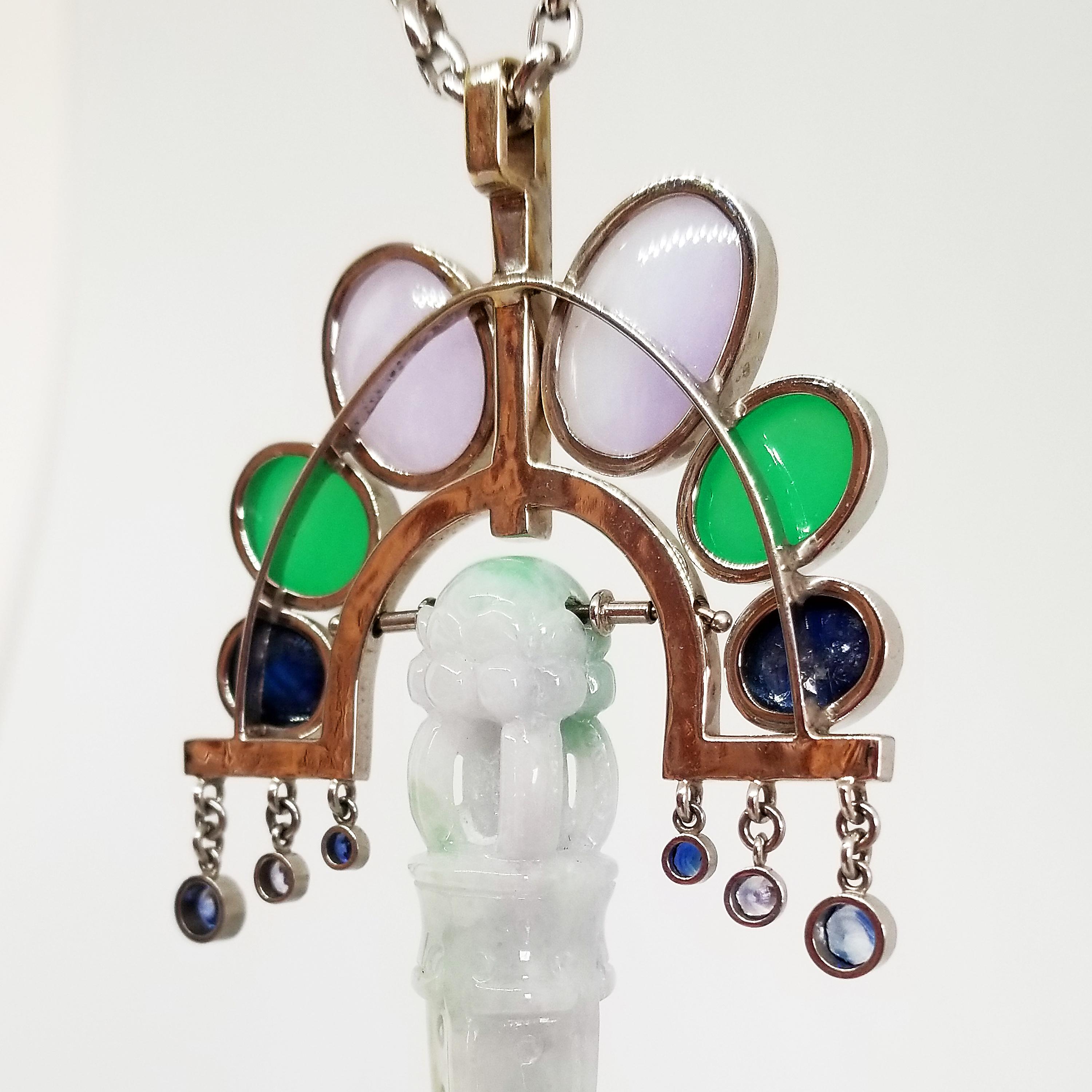 Deco Orient Necklace Natural Burma Green Lavender Jade Ghost Dagger 18K Sapphire For Sale 9