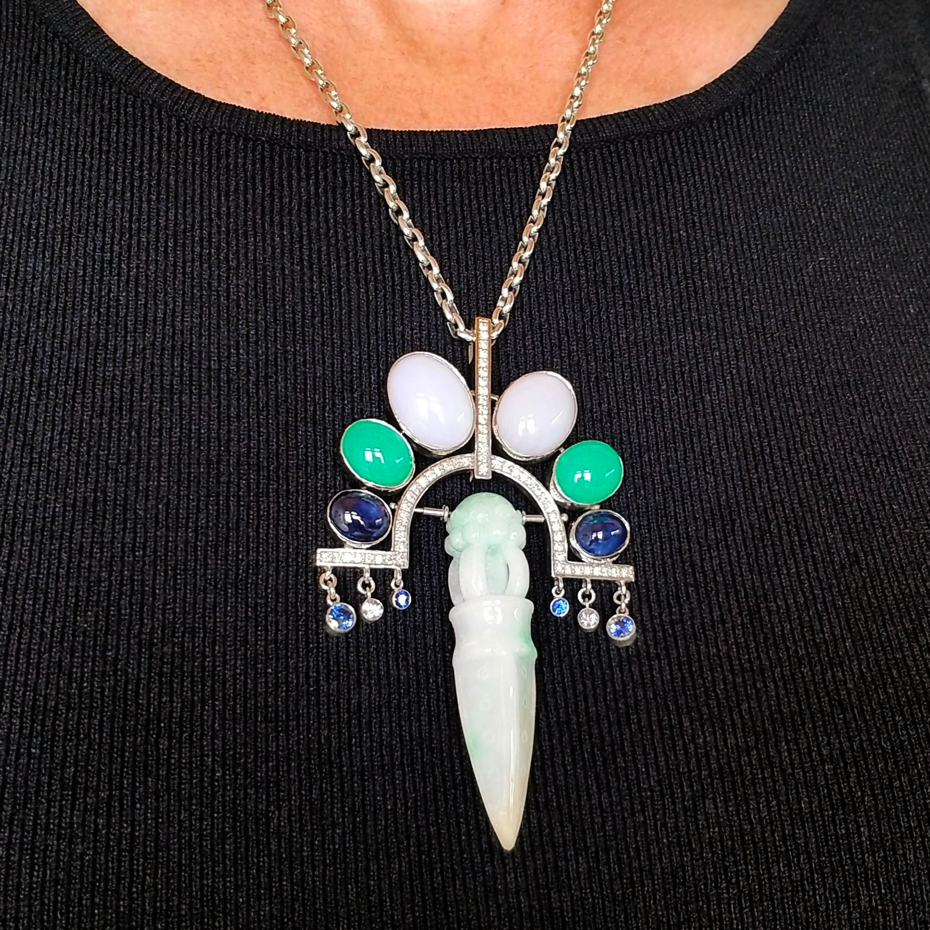 Deco Orient Necklace Natural Burma Green Lavender Jade Ghost Dagger 18K Sapphire For Sale 8