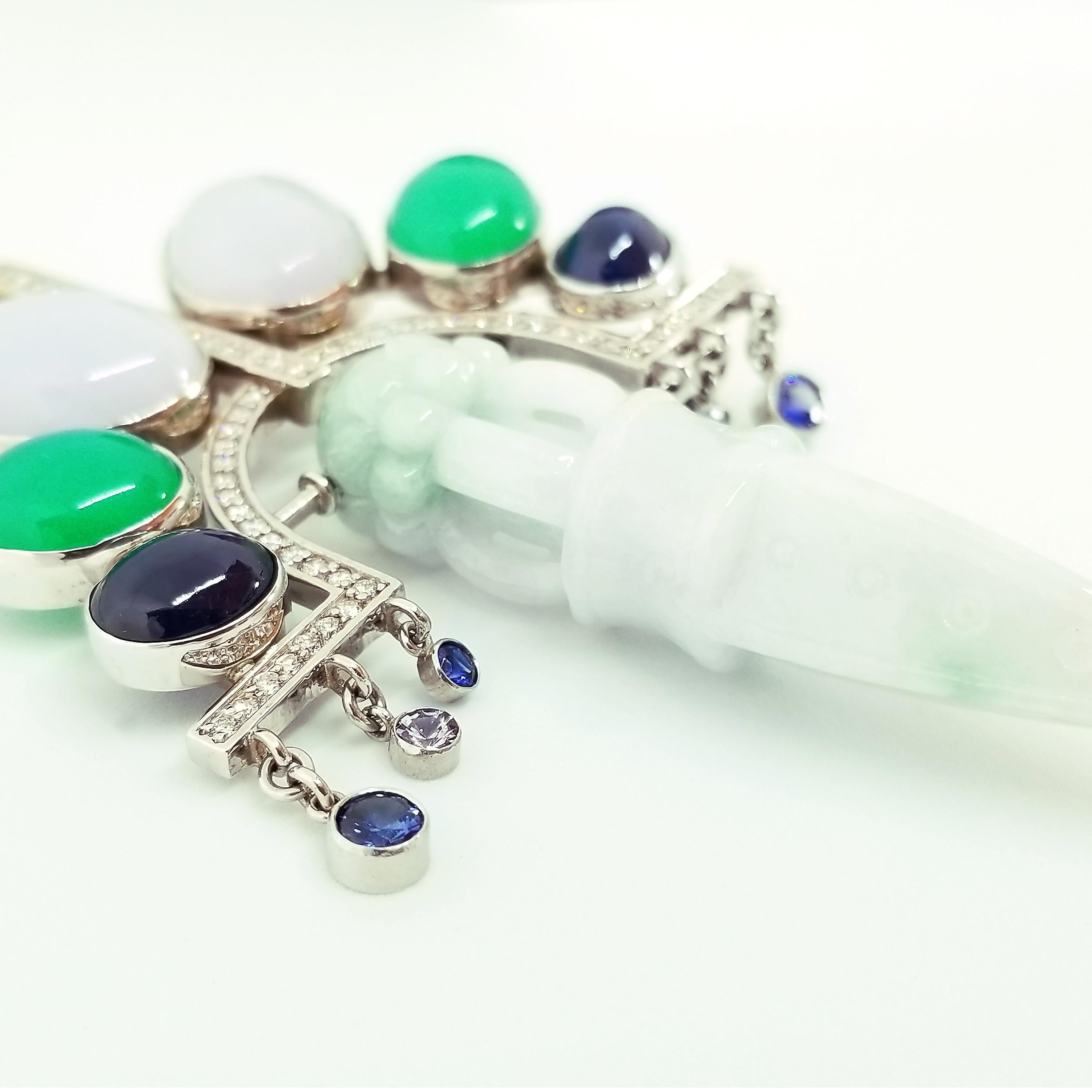 Art Deco Orient Halskette Natürliche Burma Grün Lavendel Jade Ghost Dagger 18K Saphir im Zustand „Neu“ im Angebot in Lambertville , NJ