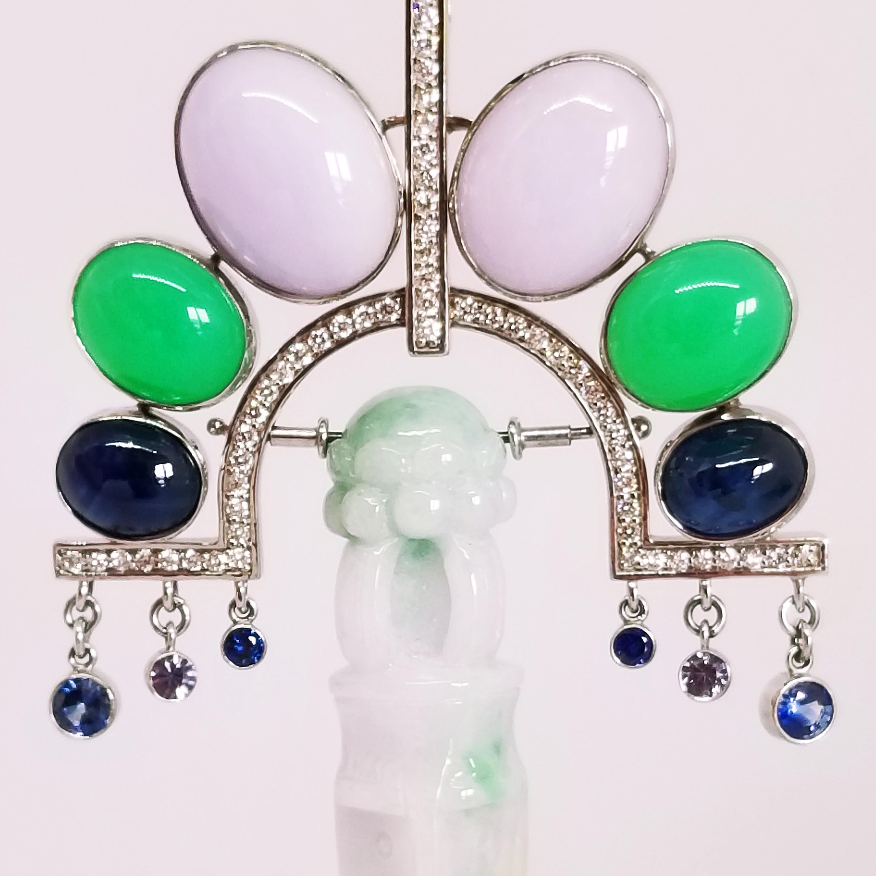 Deco Orient Necklace Natural Burma Green Lavender Jade Ghost Dagger 18K Sapphire In New Condition For Sale In Lambertville , NJ