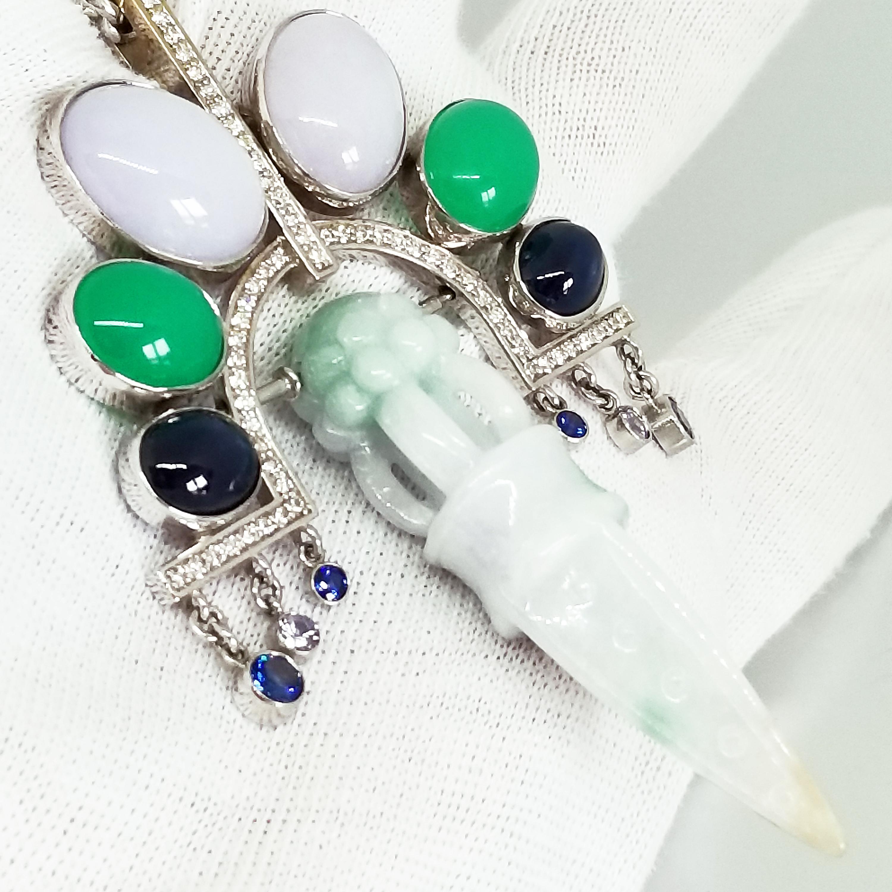 Art Deco Orient Halskette Natürliche Burma Grün Lavendel Jade Ghost Dagger 18K Saphir im Angebot 1